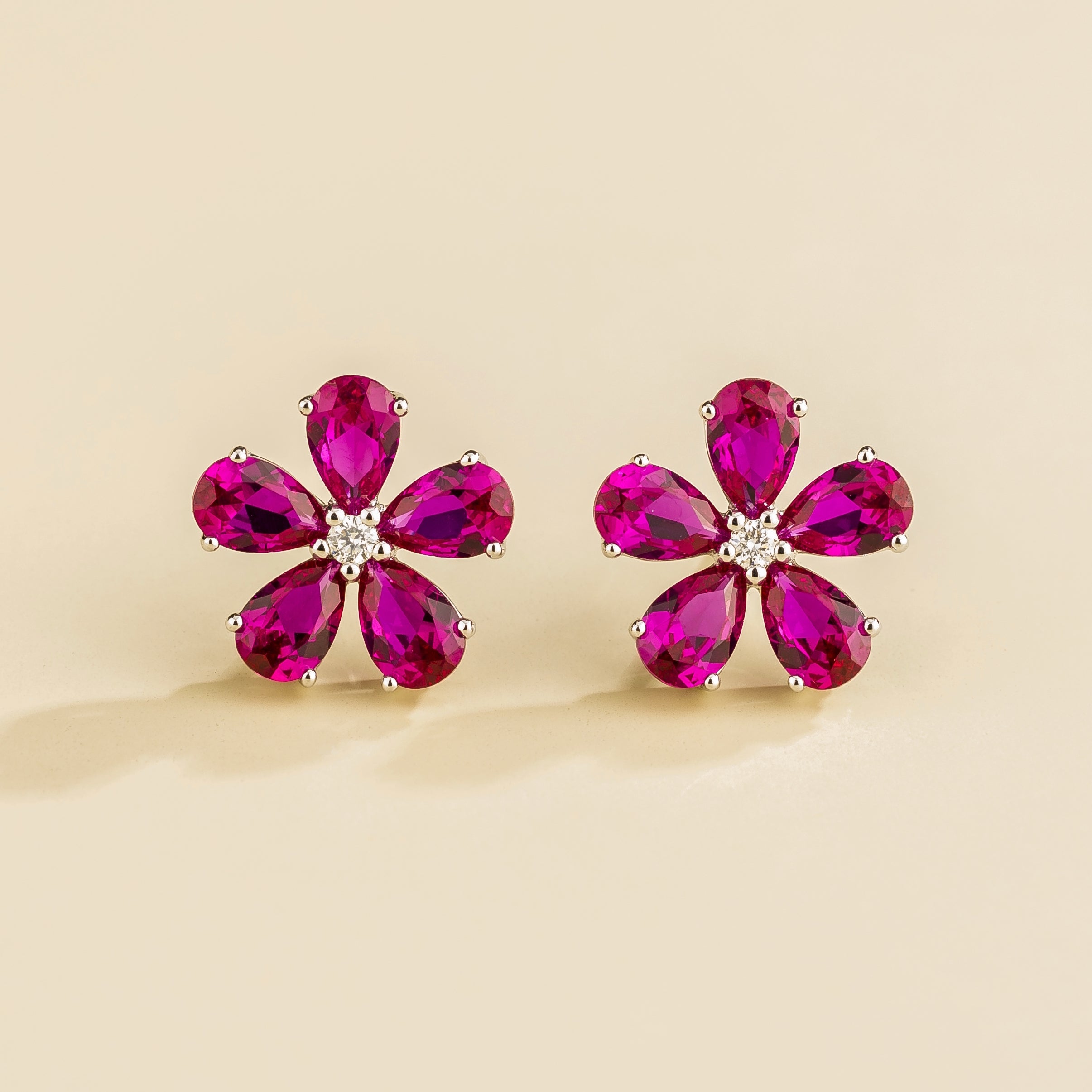 Florea Vivid Pink Sapphire & Diamond Flower Stud Earrings in White Gold