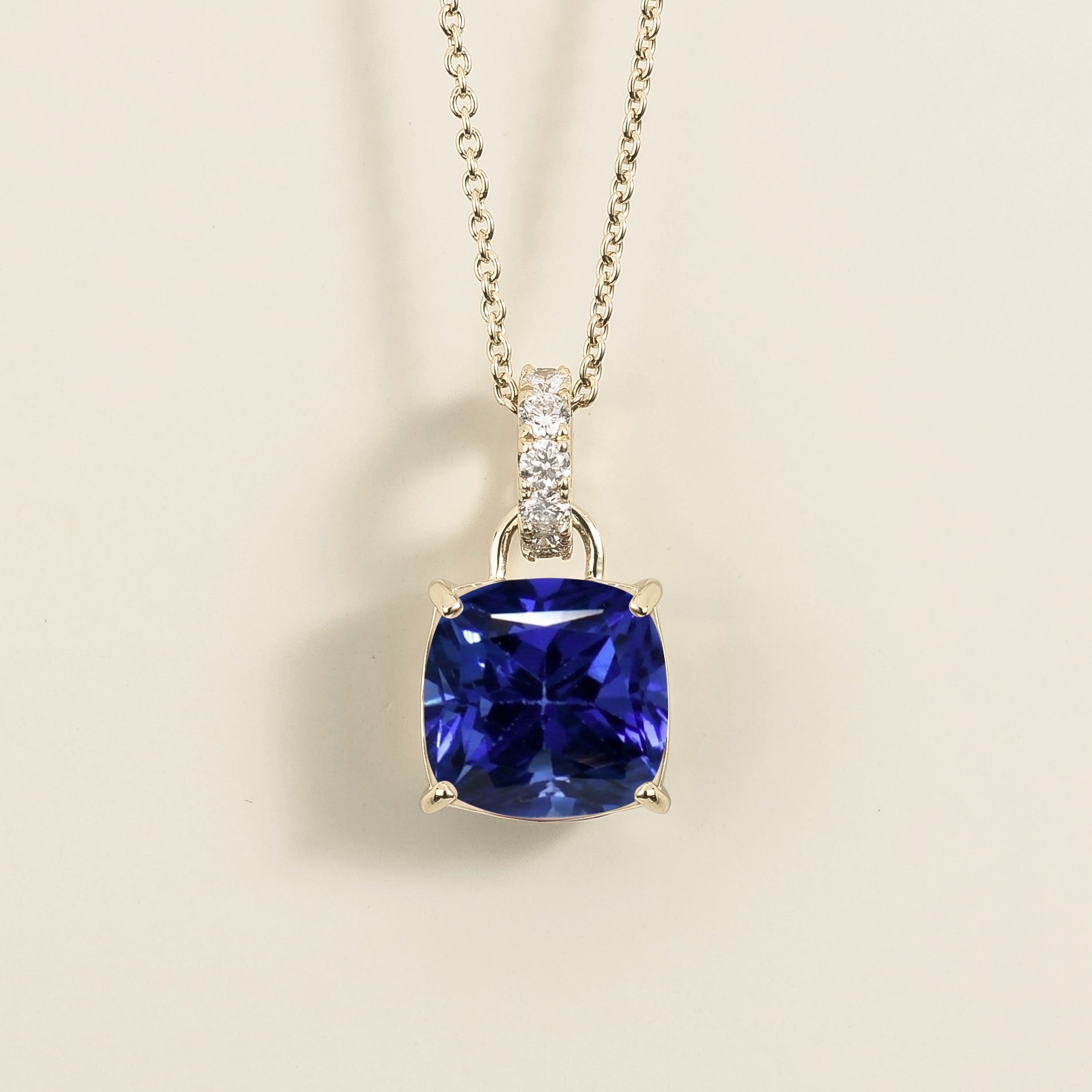 Oreol Blue Sapphire Cushion Cut & Diamond Hoop Pendant Necklace in White Gold