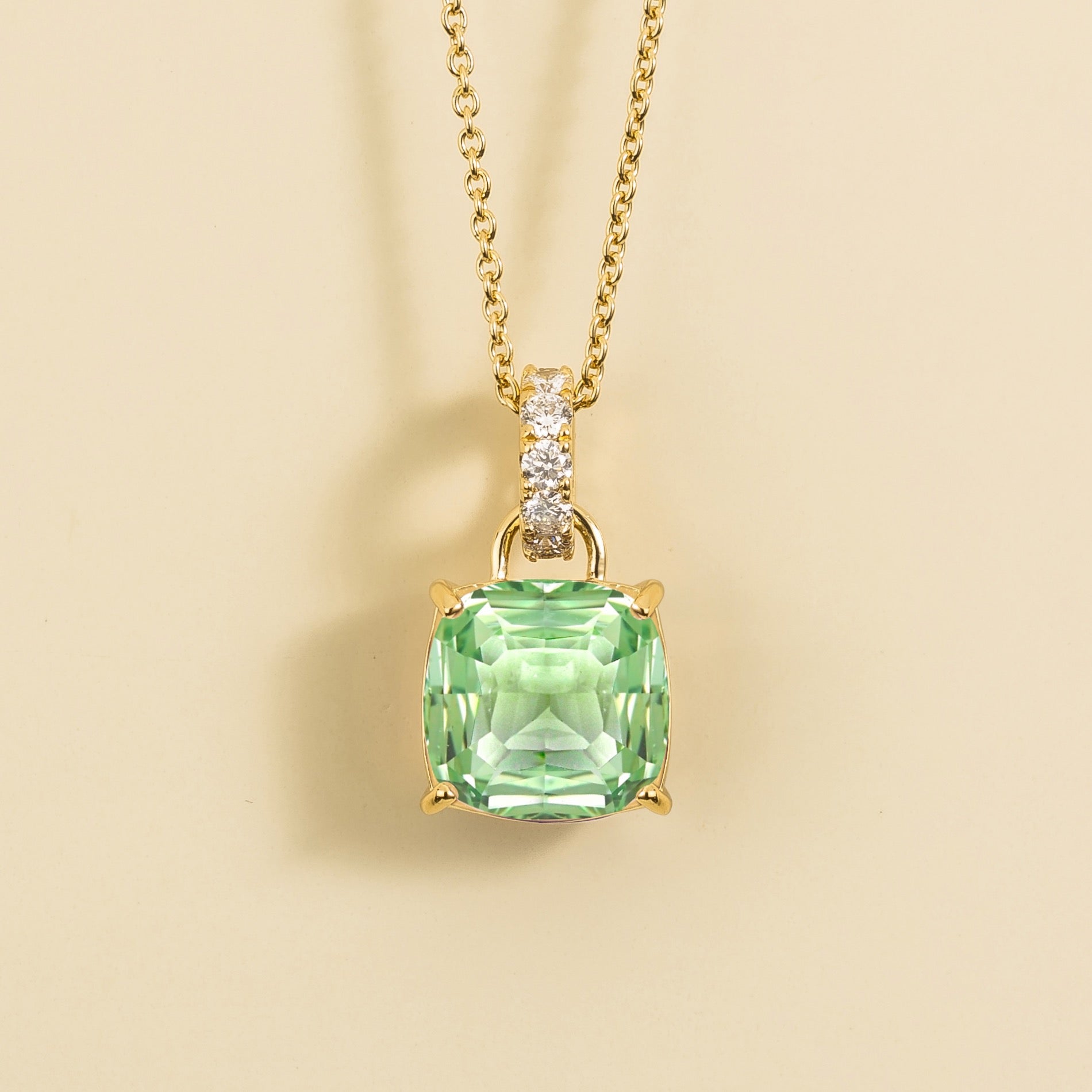 Oreol Green Sapphire Cushion Cut & Diamond Hoop Pendant Necklace in Gold