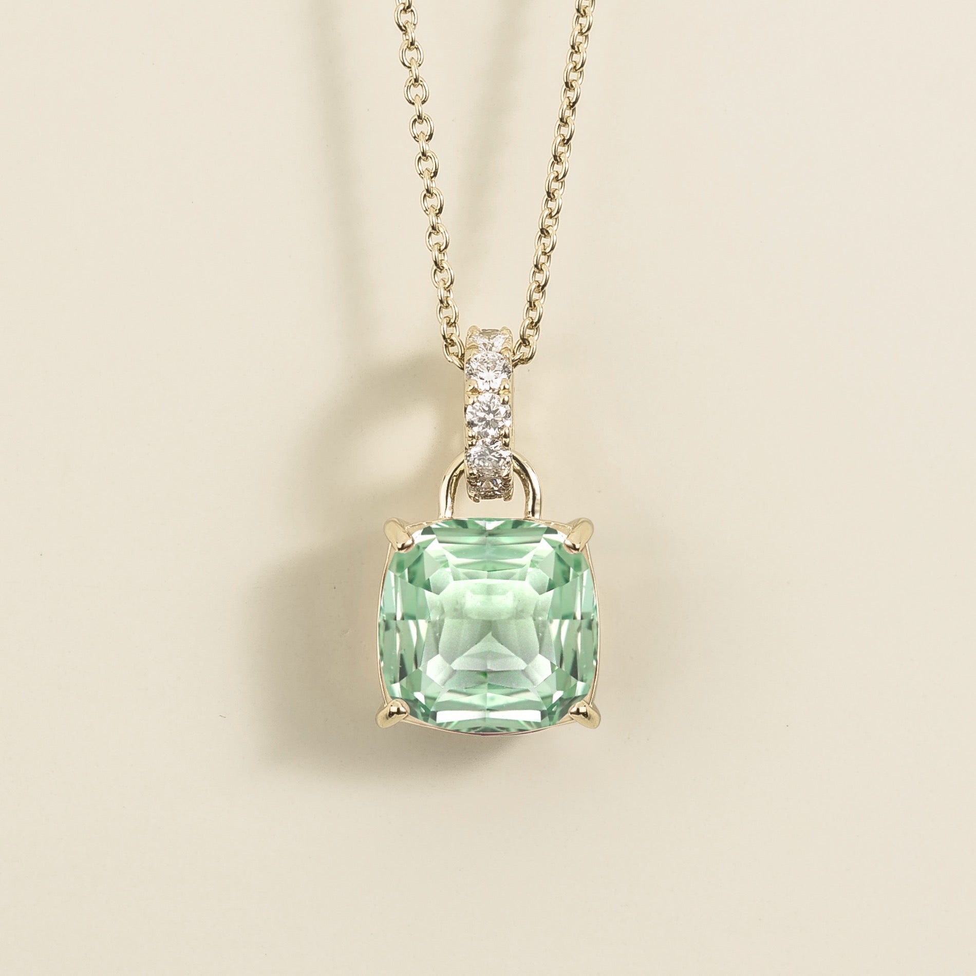 Oreol Green Sapphire Cushion Cut & Diamond Hoop Pendant Necklace in White Gold