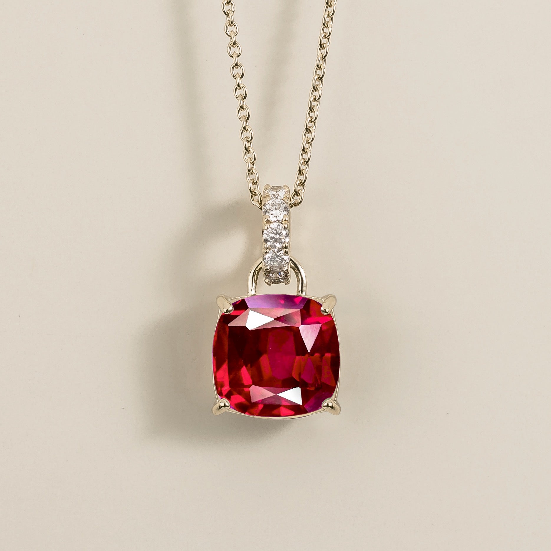 Oreol Ruby Cushion Cut & Diamond Hoop Pendant Necklace in White Gold