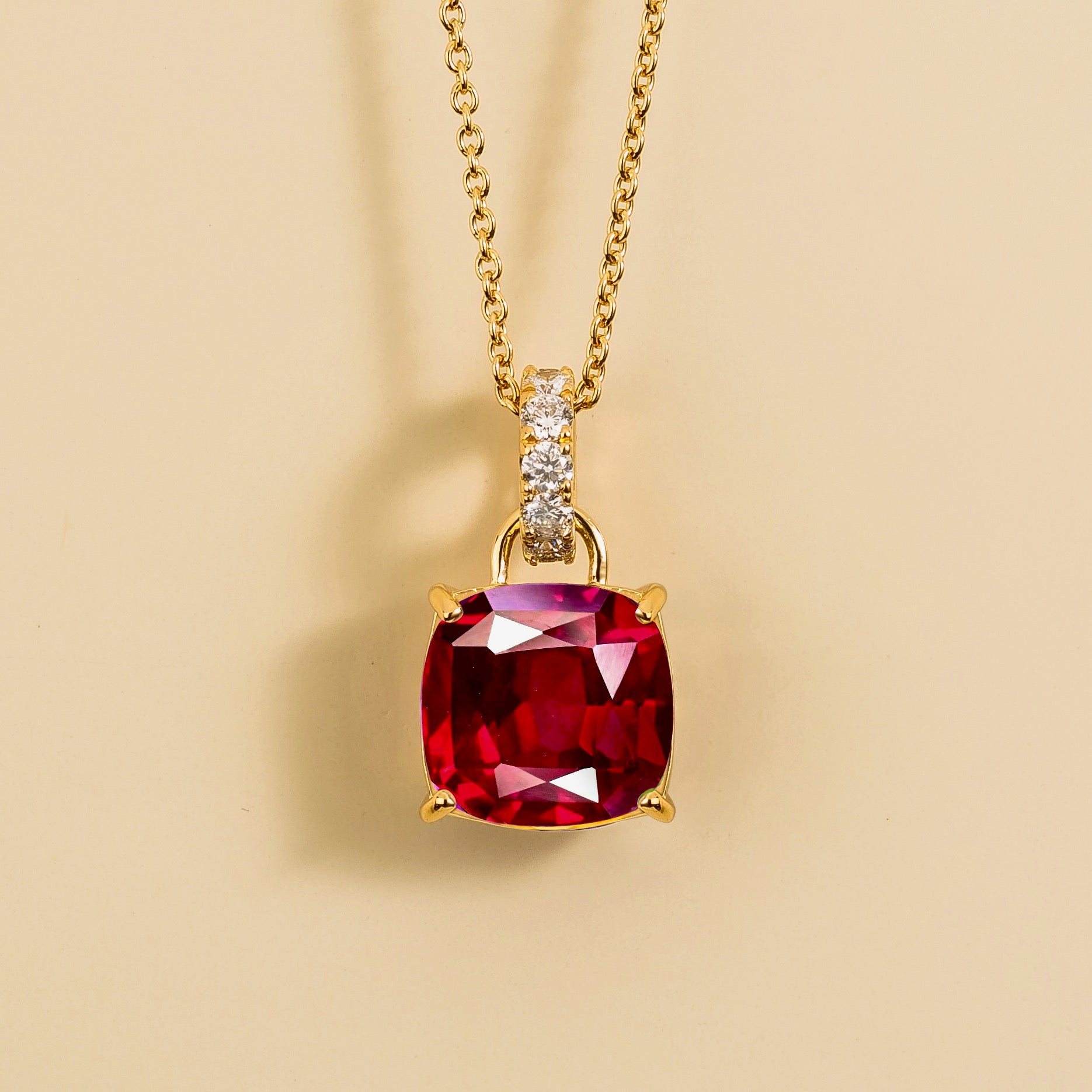 Oreol Ruby Cushion Cut & Diamond Hoop Pendant Necklace in Gold