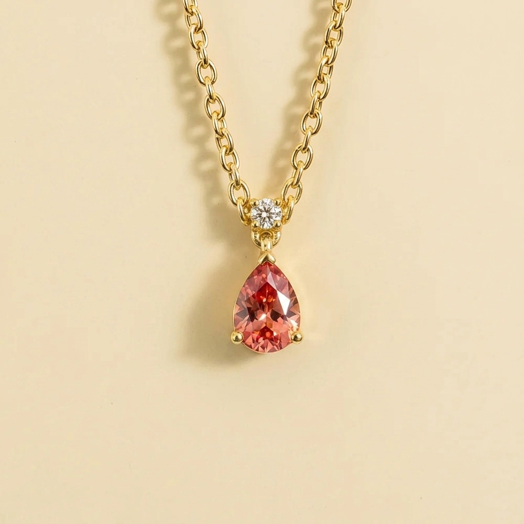 Pisa Padparadscha Sapphire & Diamond Pear Drop Pendant Necklace In Gold - Small