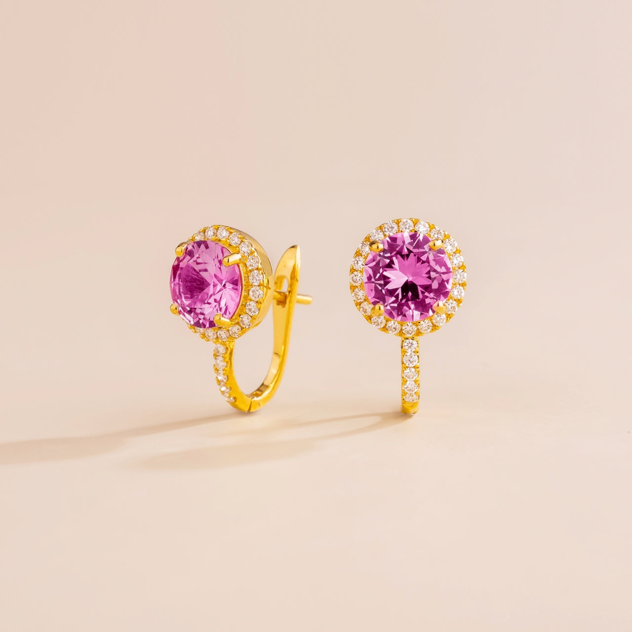 Djerv Pink Sapphire & Diamond Halo Hudggie Earrings in Gold