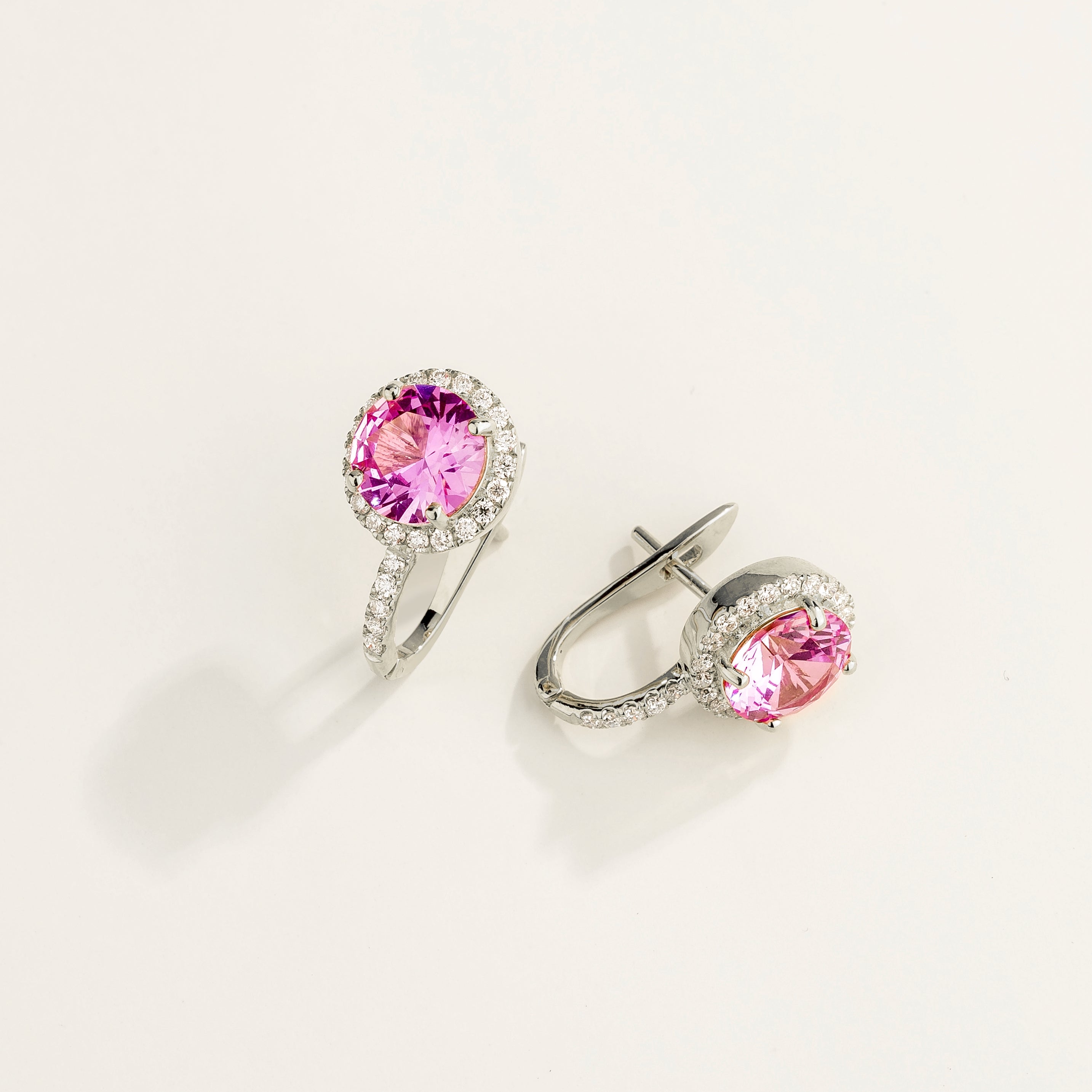 Djerv Pink Sapphire & Diamond Halo Hudggie Earrings in White Gold