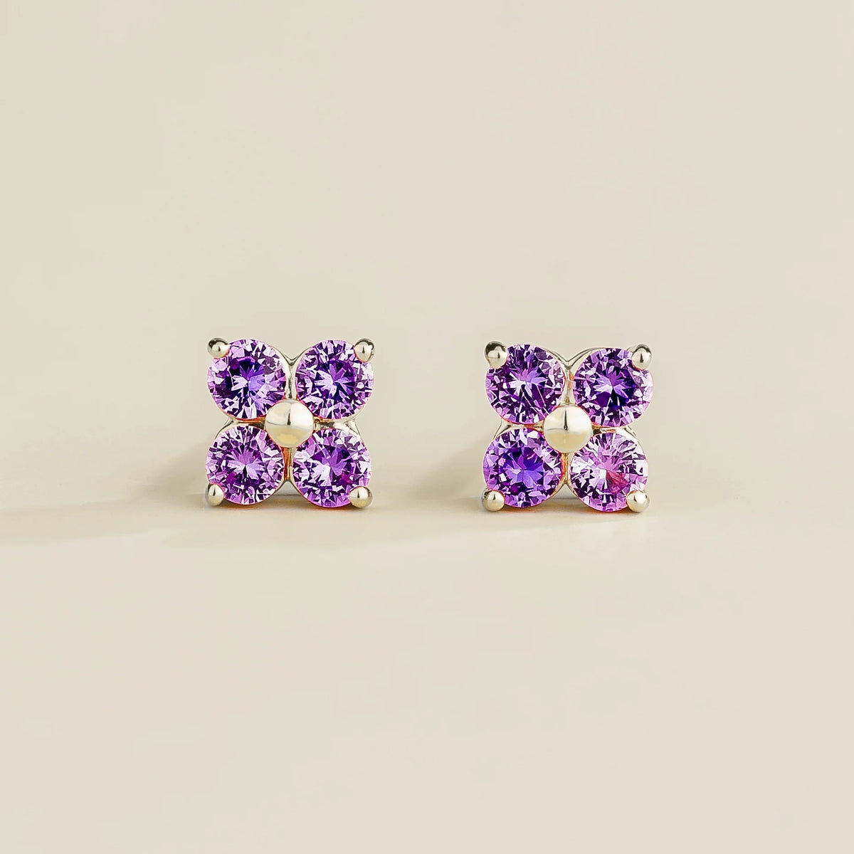 Clover Purple Sapphire Stud Earrings In White Gold