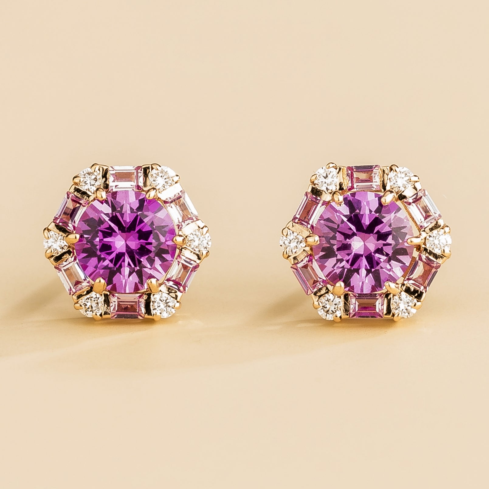 Melba Purple Sapphire, Pink Sapphire & Diamond Halo Stud Earrings In Rose Gold