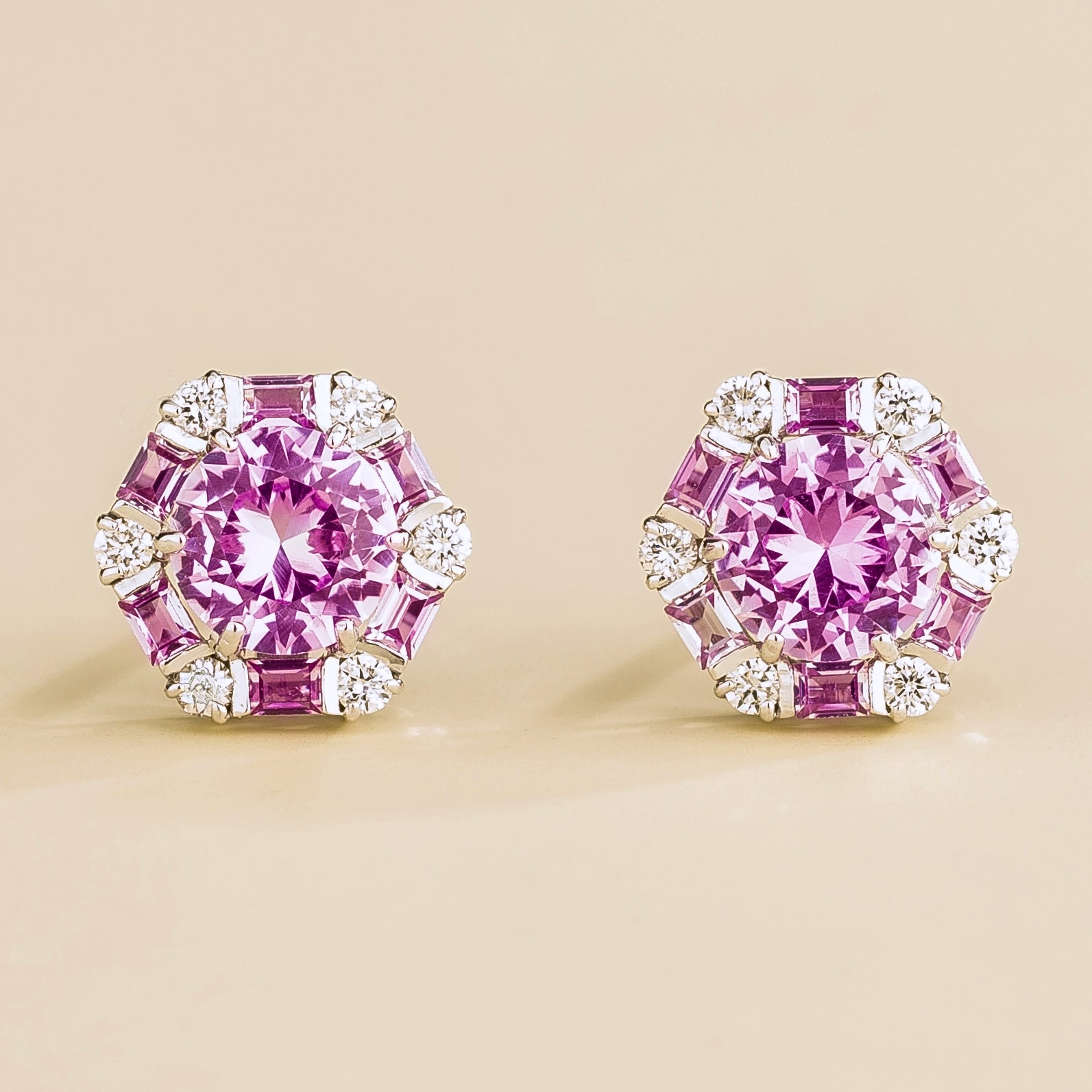 Melba Pink Sapphire & Diamond Halo Hexagon Stud Earrings In White Gold