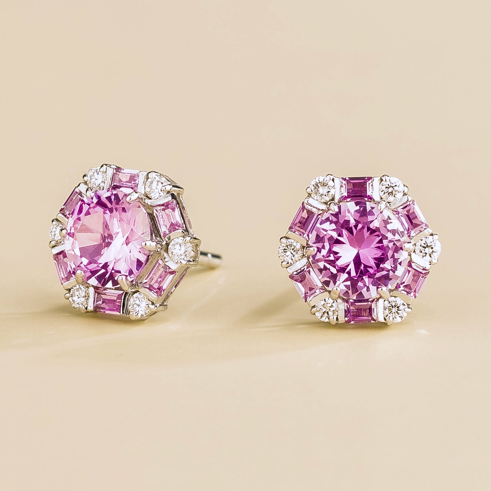 Melba Pink Sapphire & Diamond Halo Hexagon Stud Earrings In White Gold
