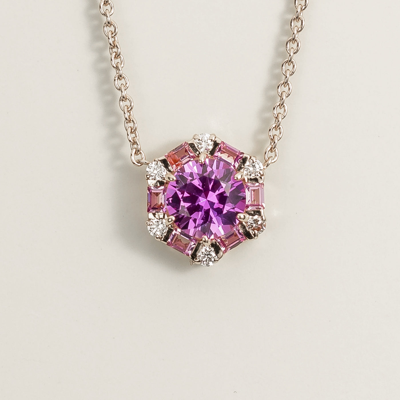 Melba Purple Sapphire, Pink Sapphire & Diamond Halo Hexagon Pendant Necklace in White Gold