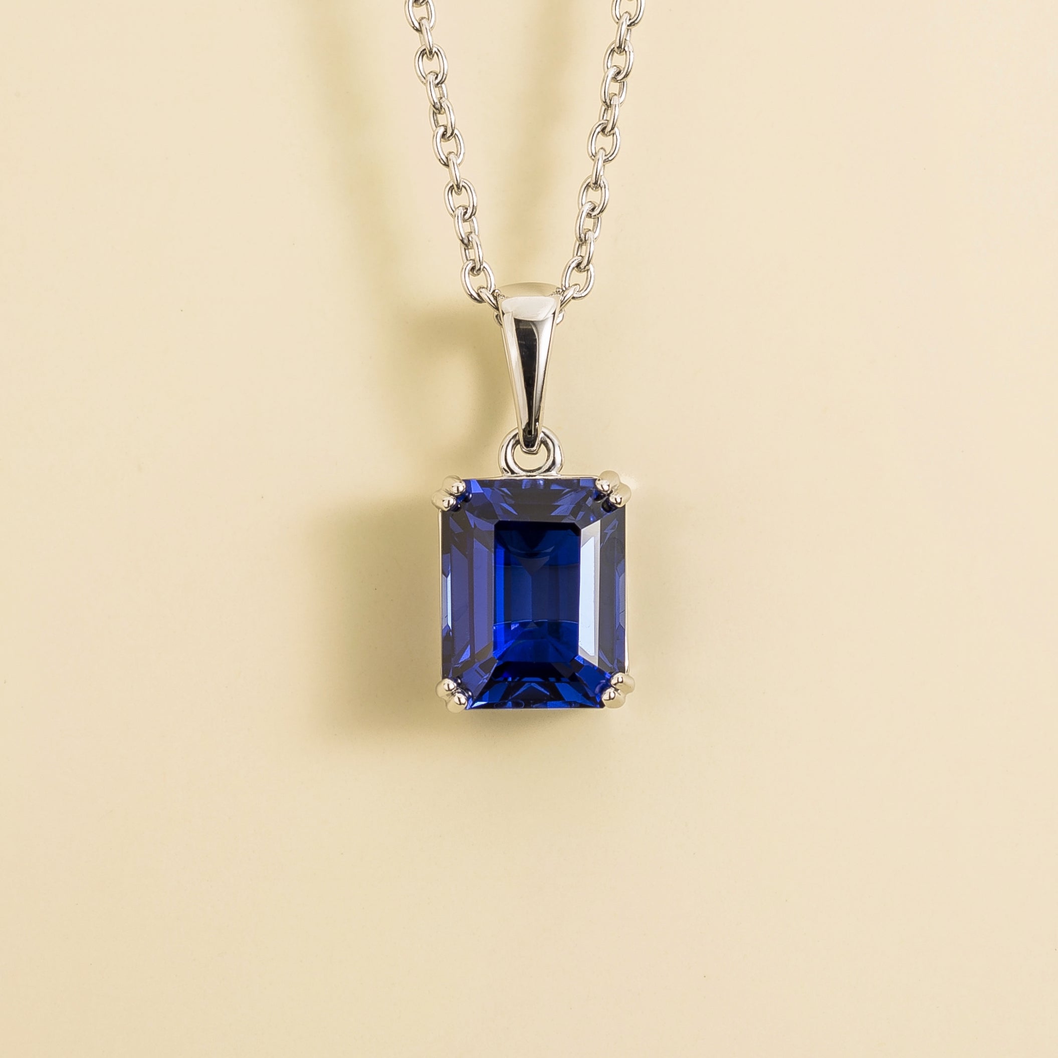 Thamani Blue Sapphire Emerald-Cut Solitaire Pendant Necklace in White Gold