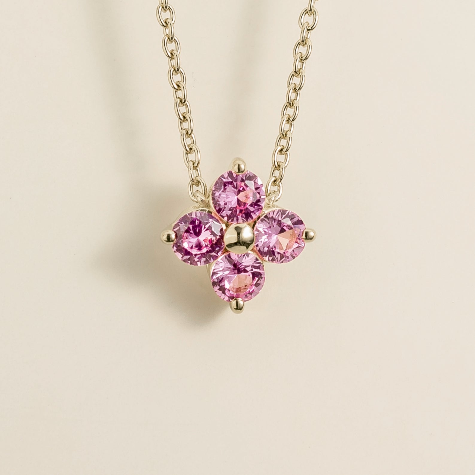 Clover Pink Sapphire Necklace In White Gold