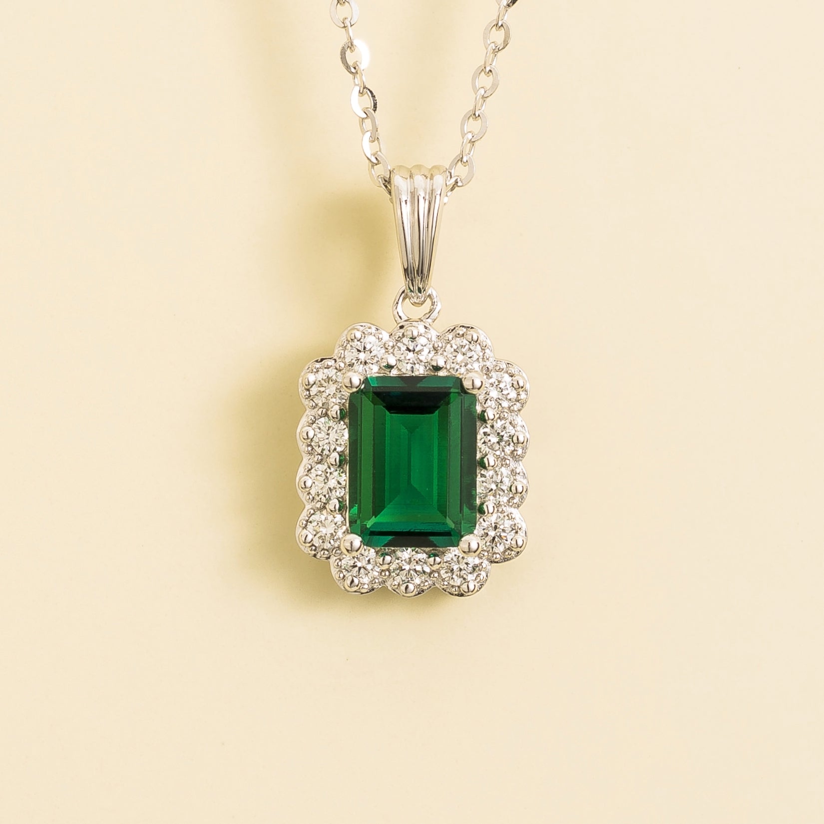 Verda Emerald Emerald-Cut & Diamond Halo Pendant Necklace in White Gold