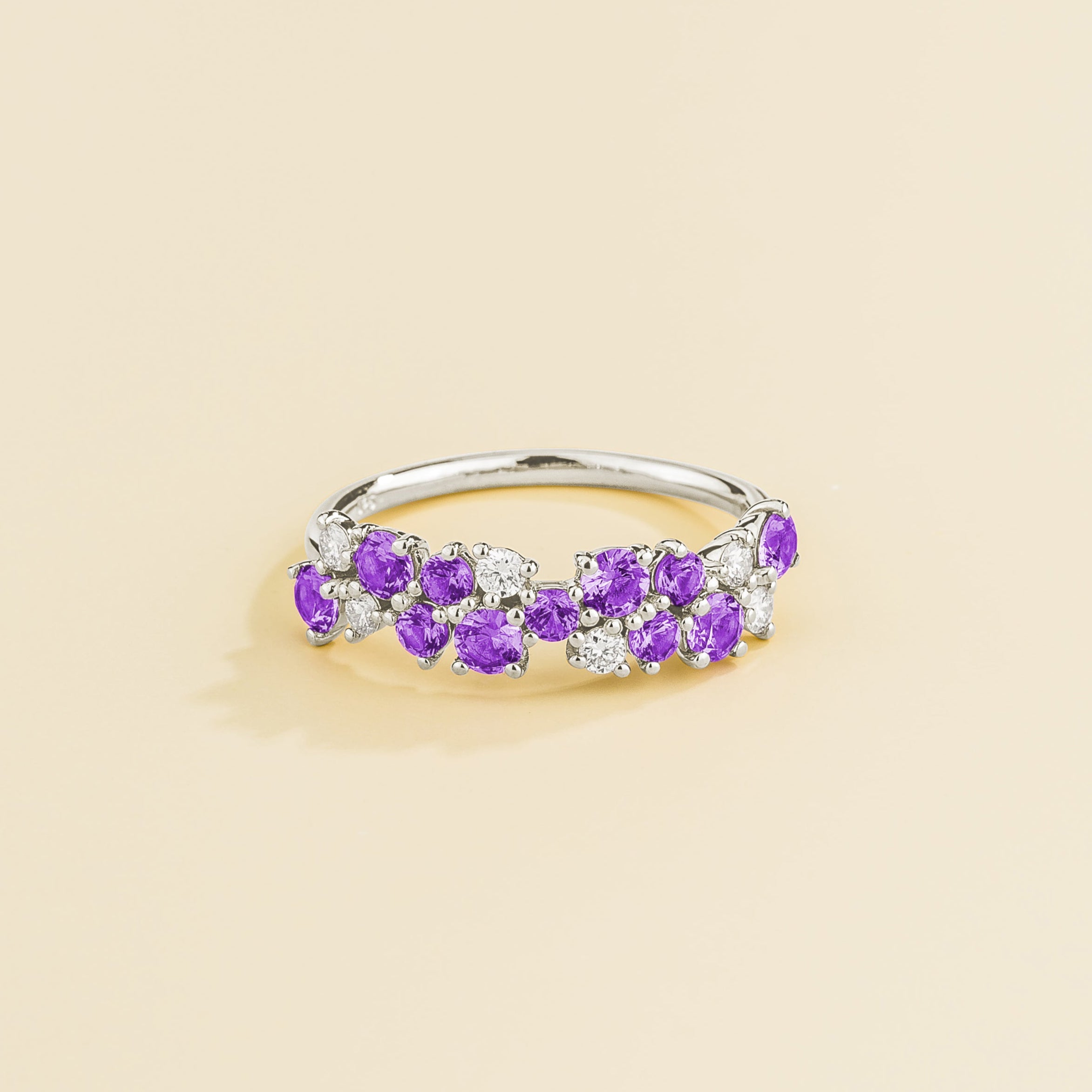 Starry White Gold Ring With Cluster Round Purple Sapphire & Diamond