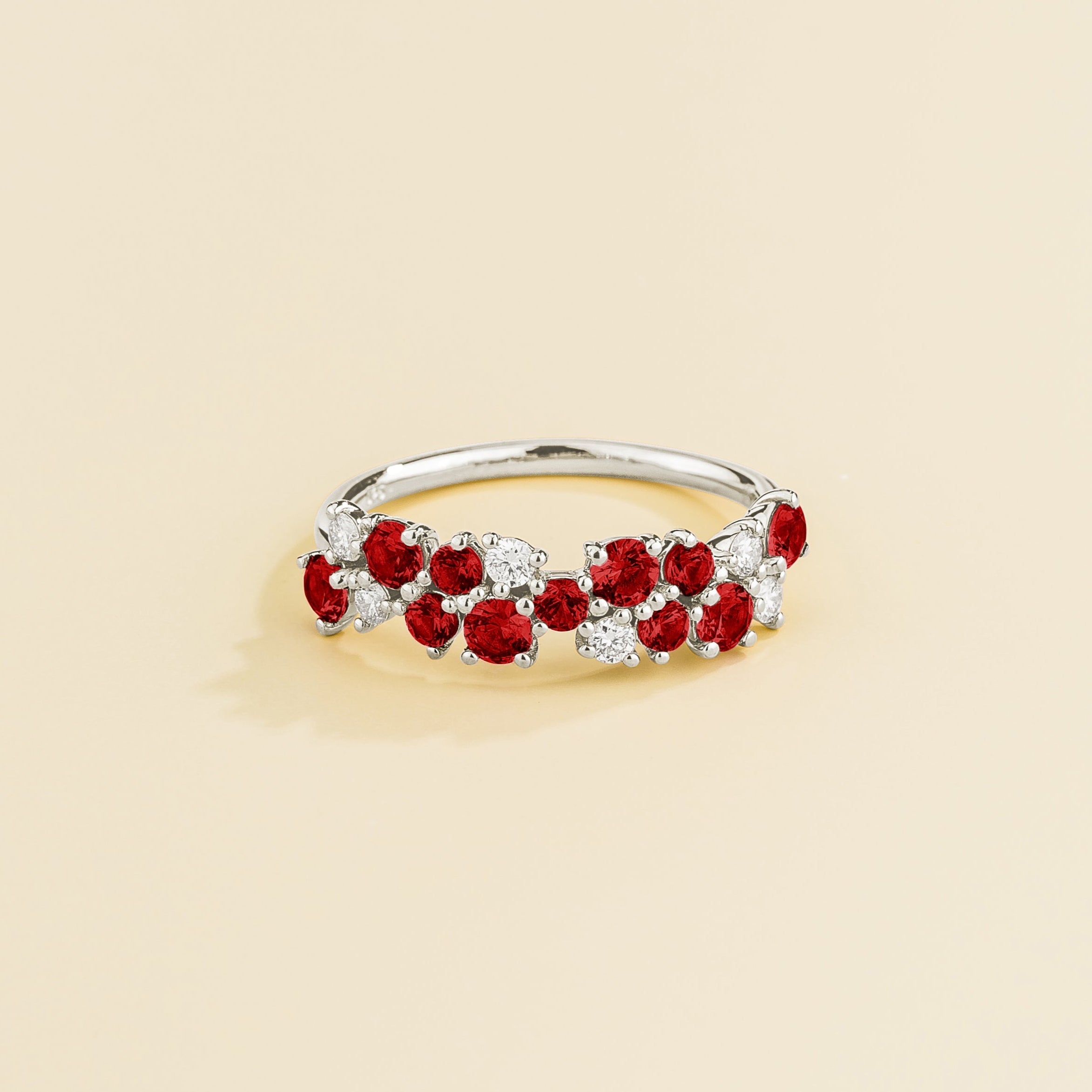 Starry White Gold Ring With Cluster Round Ruby & Diamond