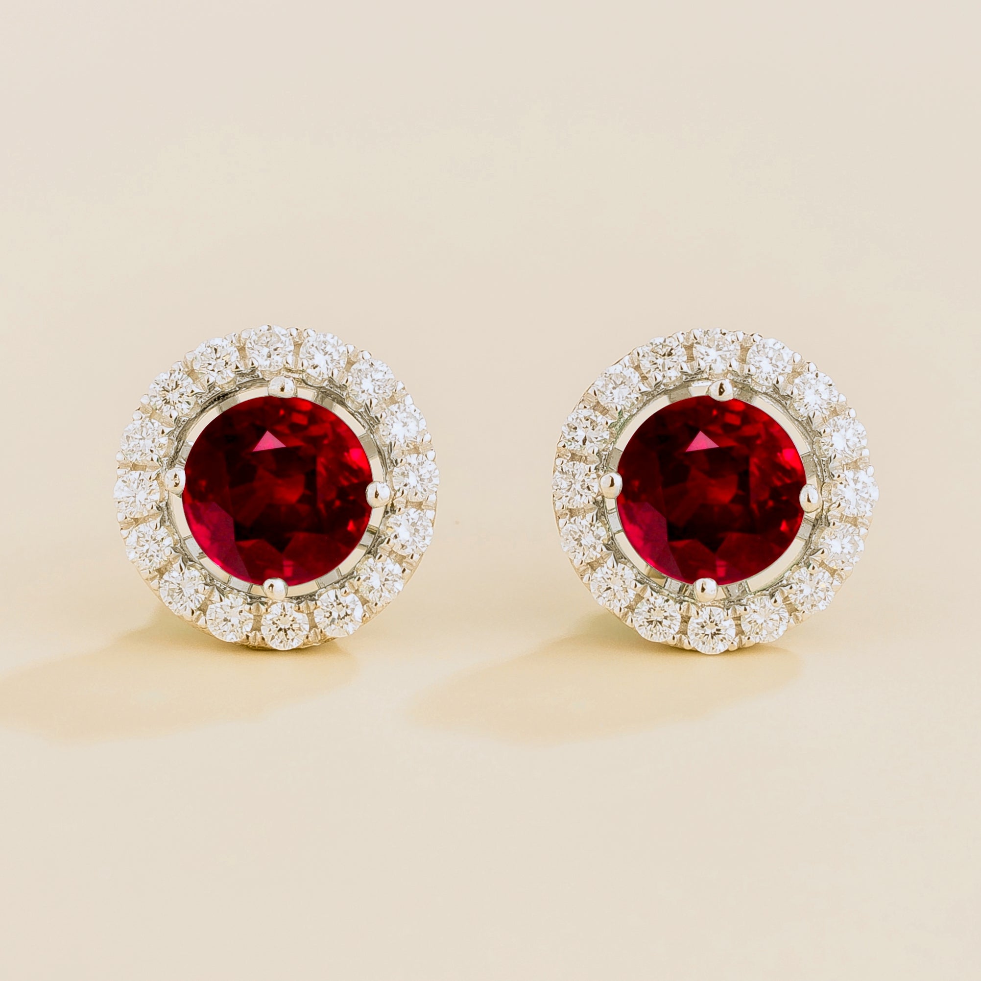 Floret Ruby Round & Diamond Halo Stud Earrings in White Gold