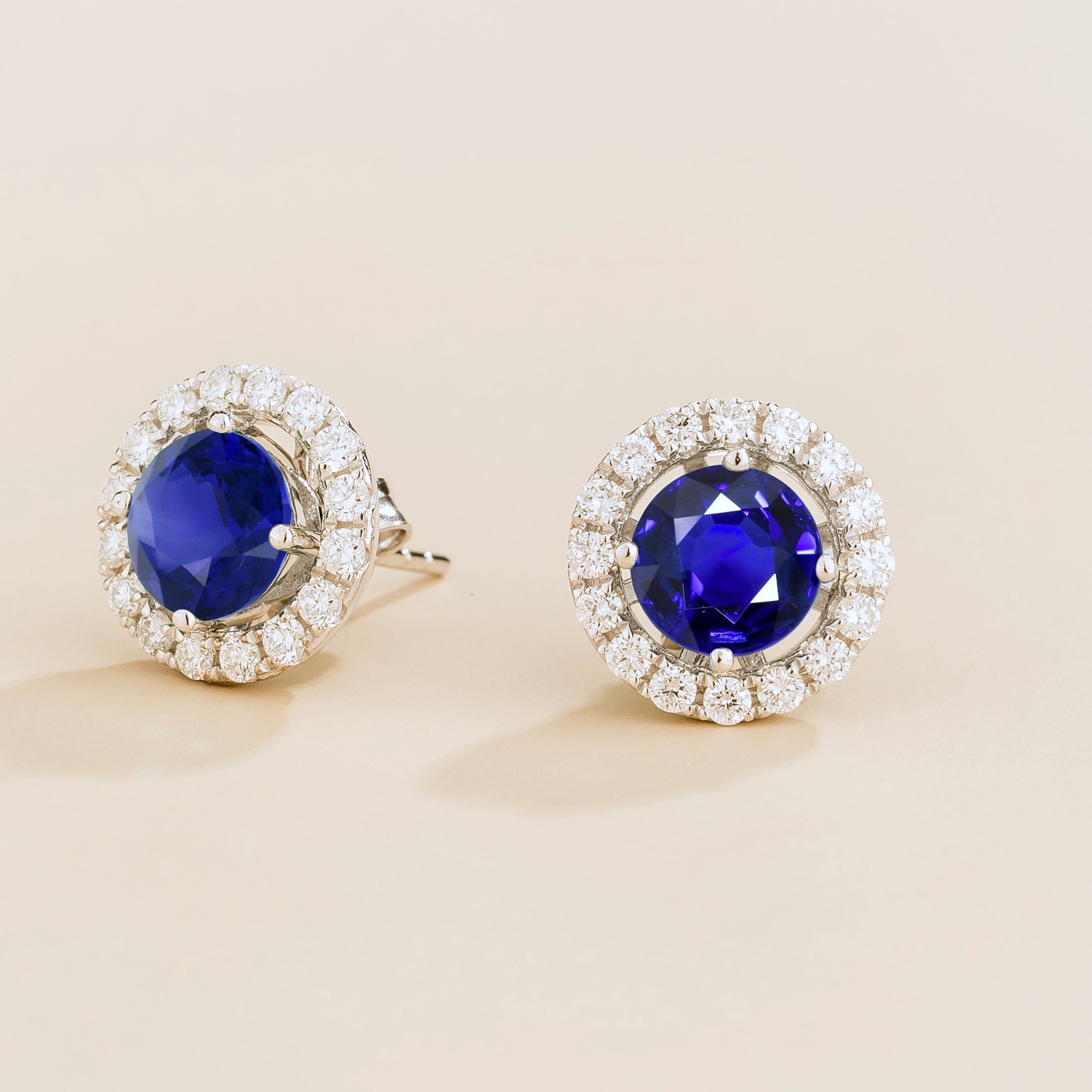 Floret Blue Sapphire Round & Diamond Halo Stud Earrings in White Gold