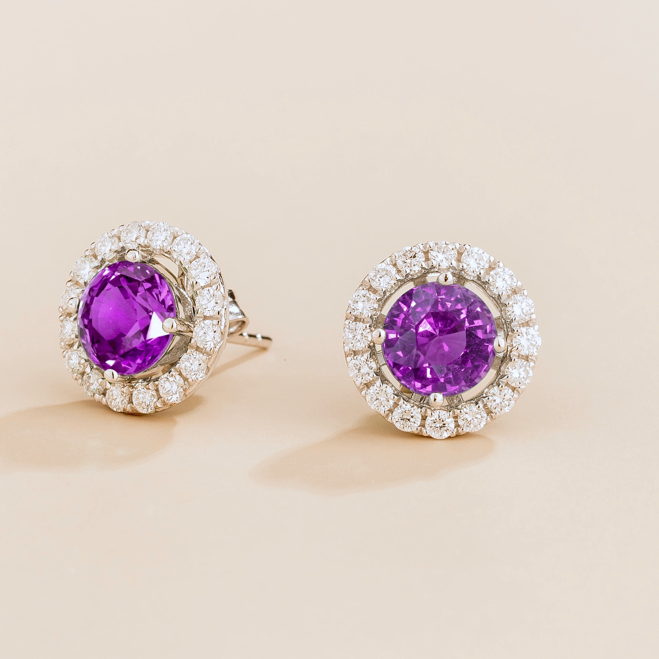 Floret Purple Sapphire Round & Diamond Halo Stud Earrings in White Gold