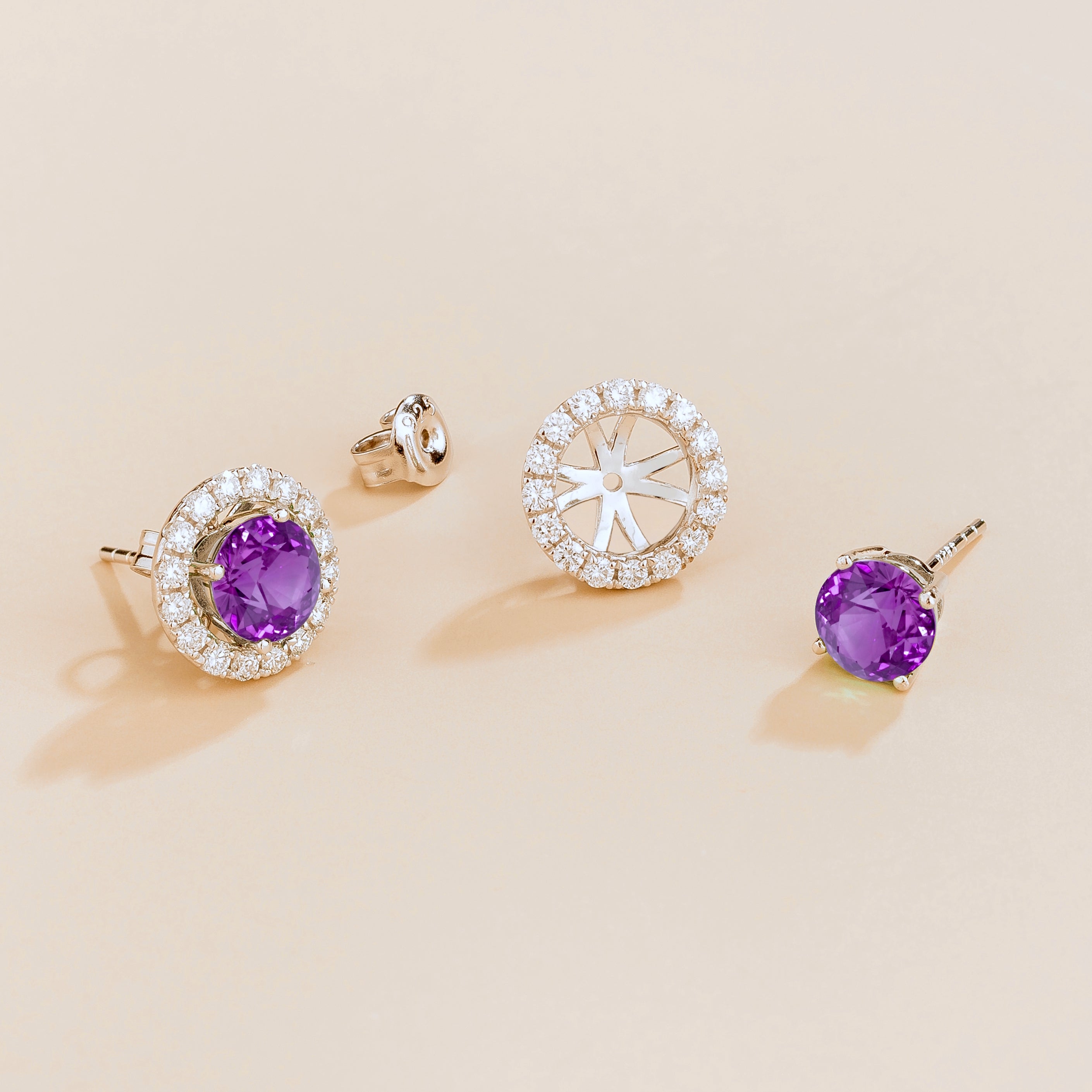 Floret Purple Sapphire Round & Diamond Halo Stud Earrings in White Gold – detail