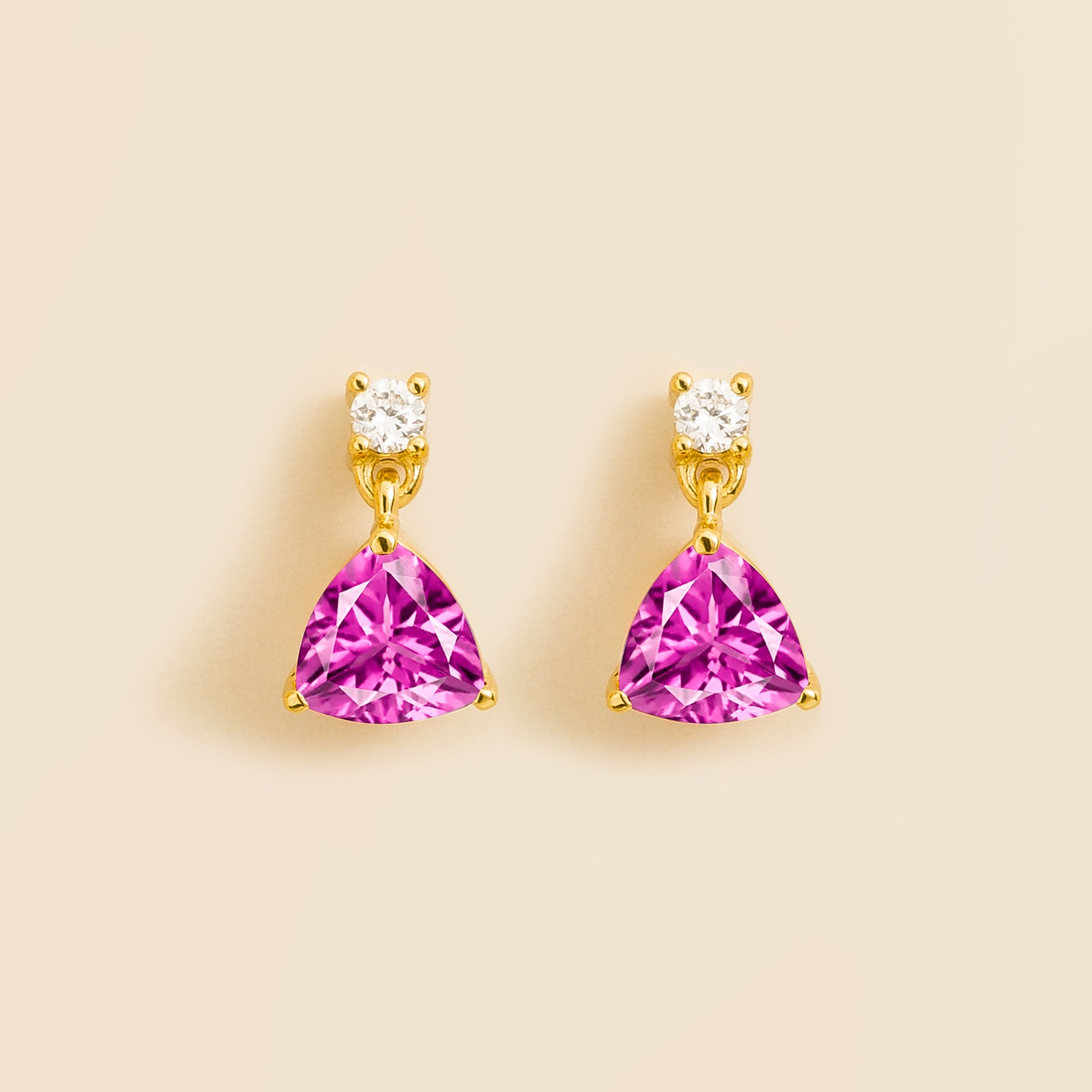 Trillion Gold Earrings Set With Pink Sapphire & Diamond