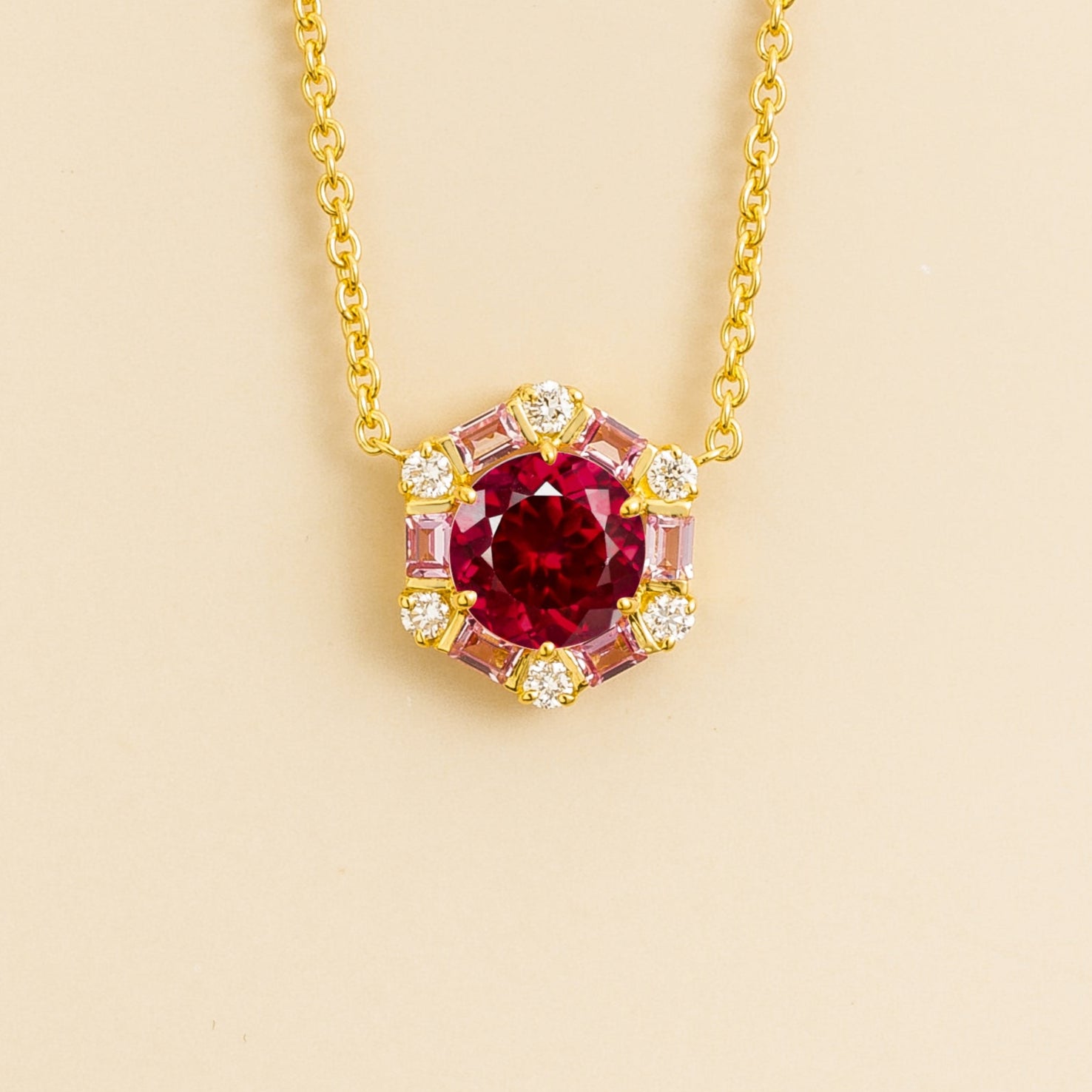 Melba Gold Necklace Set With Ruby, Pink Sapphire & Diamond