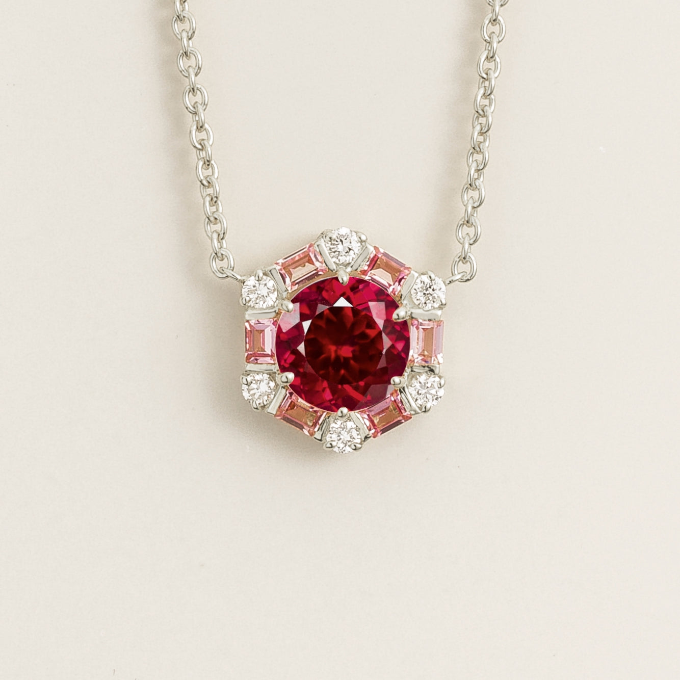 Melba Ruby, Pink Sapphire & Diamond Halo Hexagon Pendant Necklace In White Gold