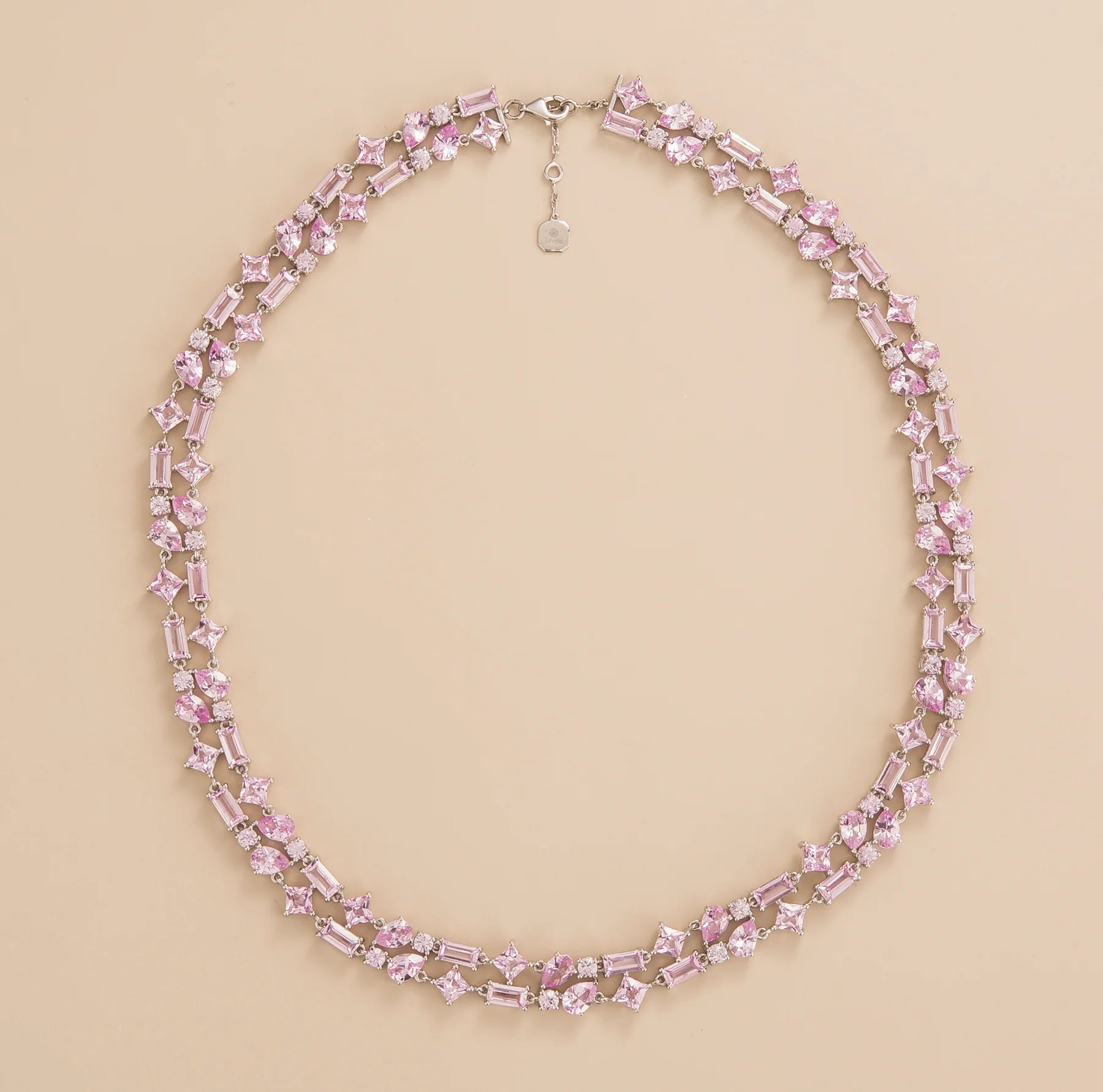 Two-row pink sapphire tennis necklace in white gold with mixed-cut gemstones