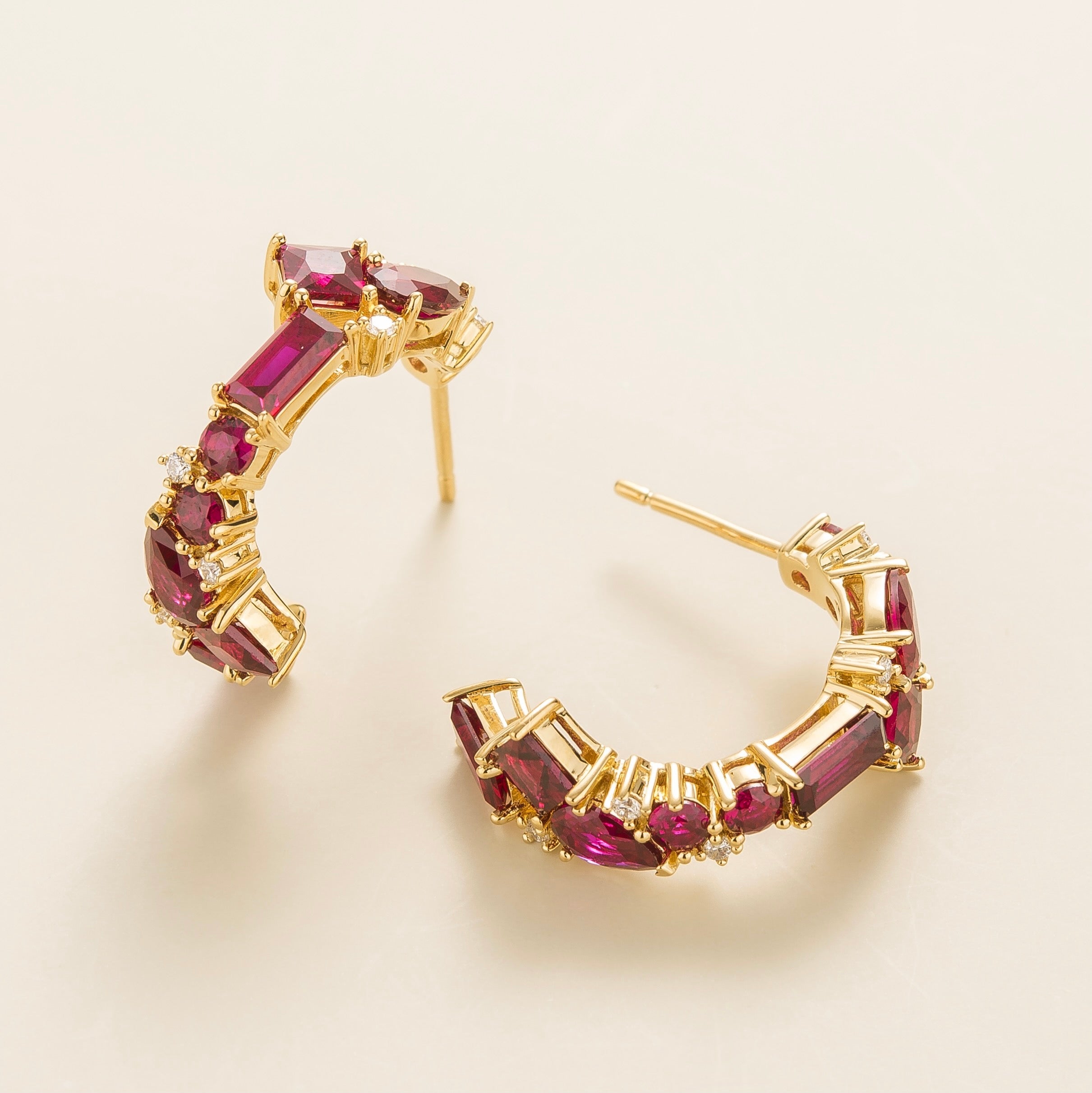 Lanna Ruby & Diamond Mixed-Cut Hoop Earrings in Gold - Medium