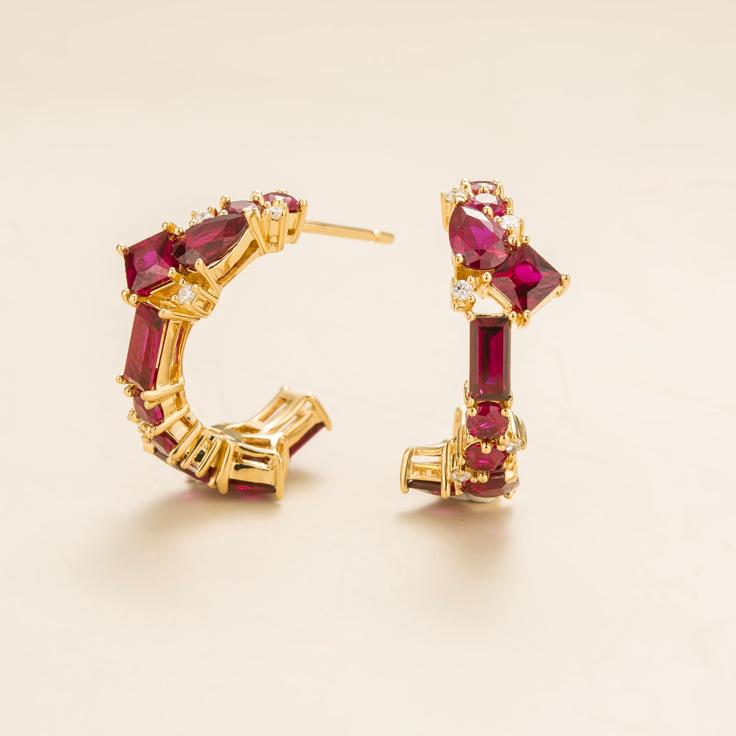 Lanna Ruby & Diamond Mixed-Cut Hoop Earrings in Gold - Medium