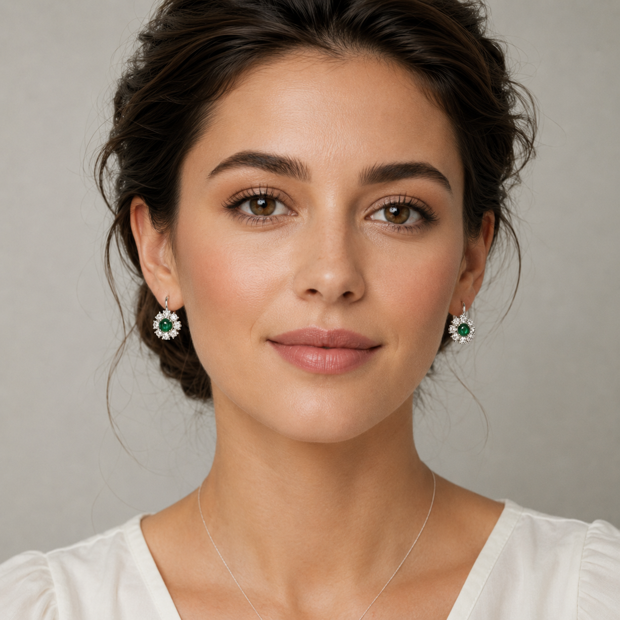 Lisa Round Cabochon Emerald Halo Leverback Earrings in White Gold