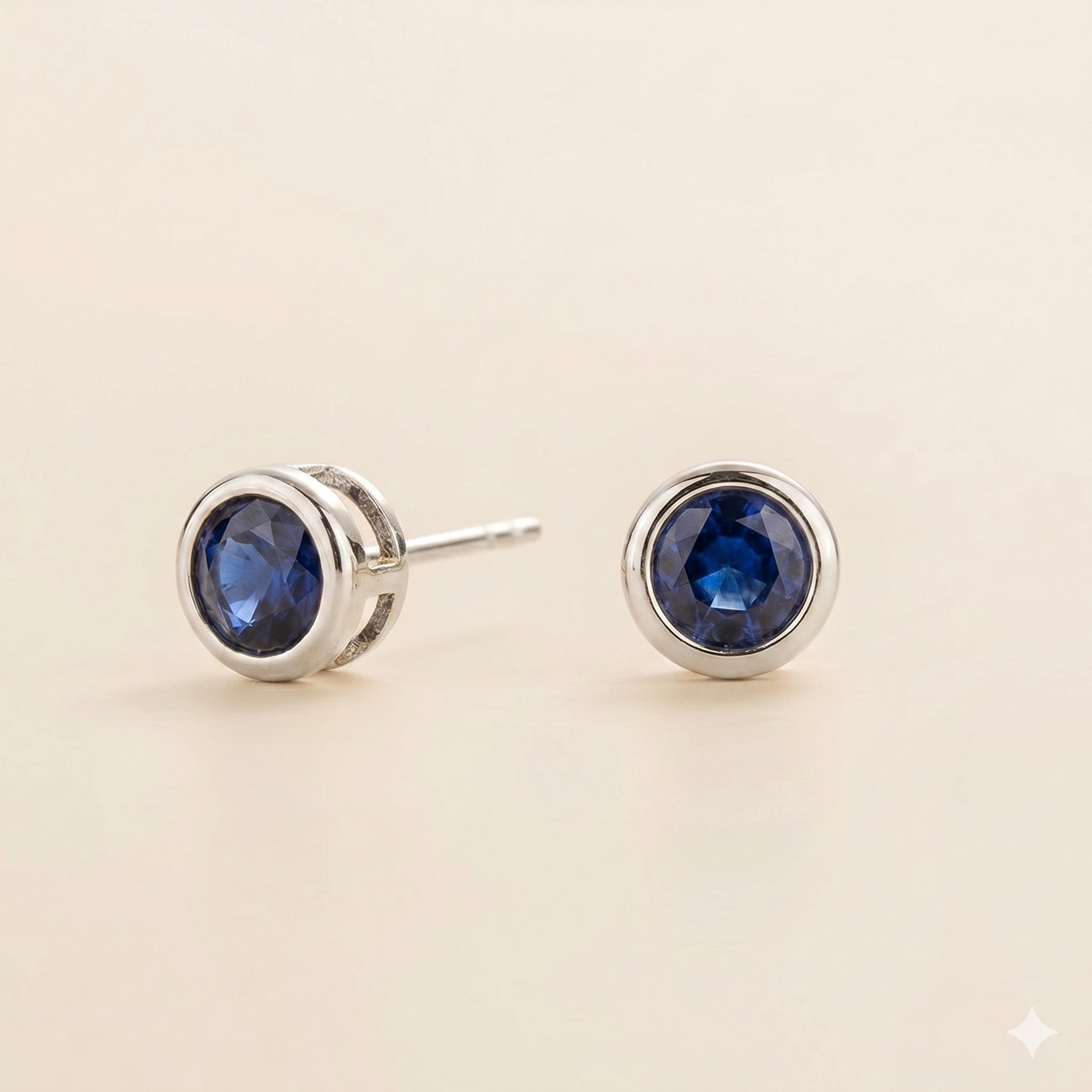 Margo Blue Sapphire Round Bazel Set White Gold Earrings