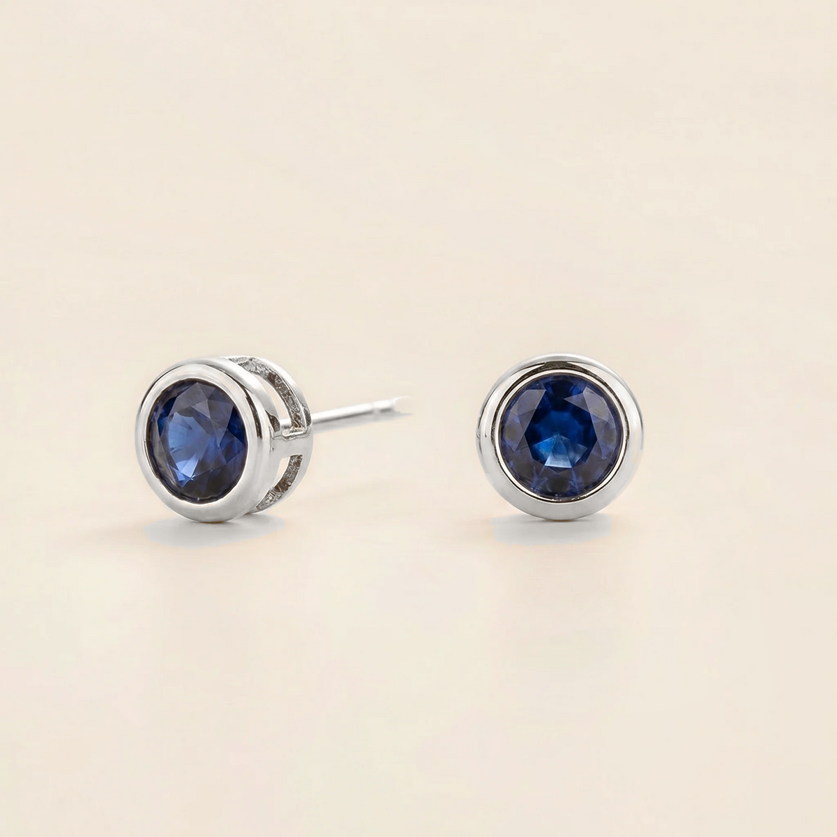Margo Blue Sapphire Round Bazel Set White Gold Earrings