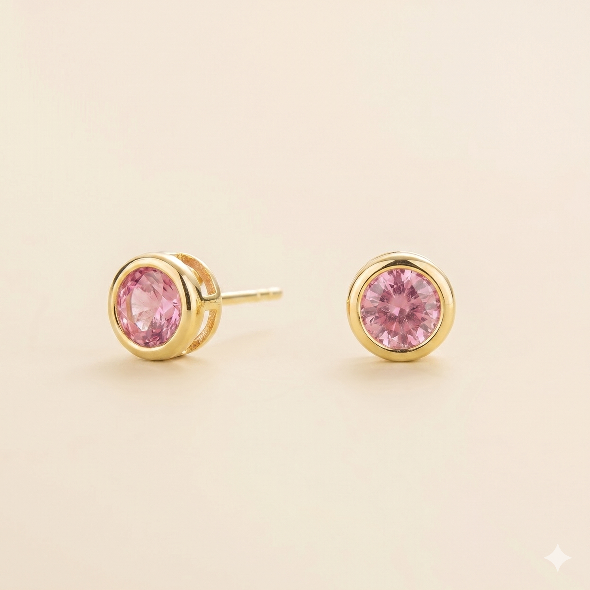 Margo Pastel Pink Sapphire Round Bazel Set Gold Earrings