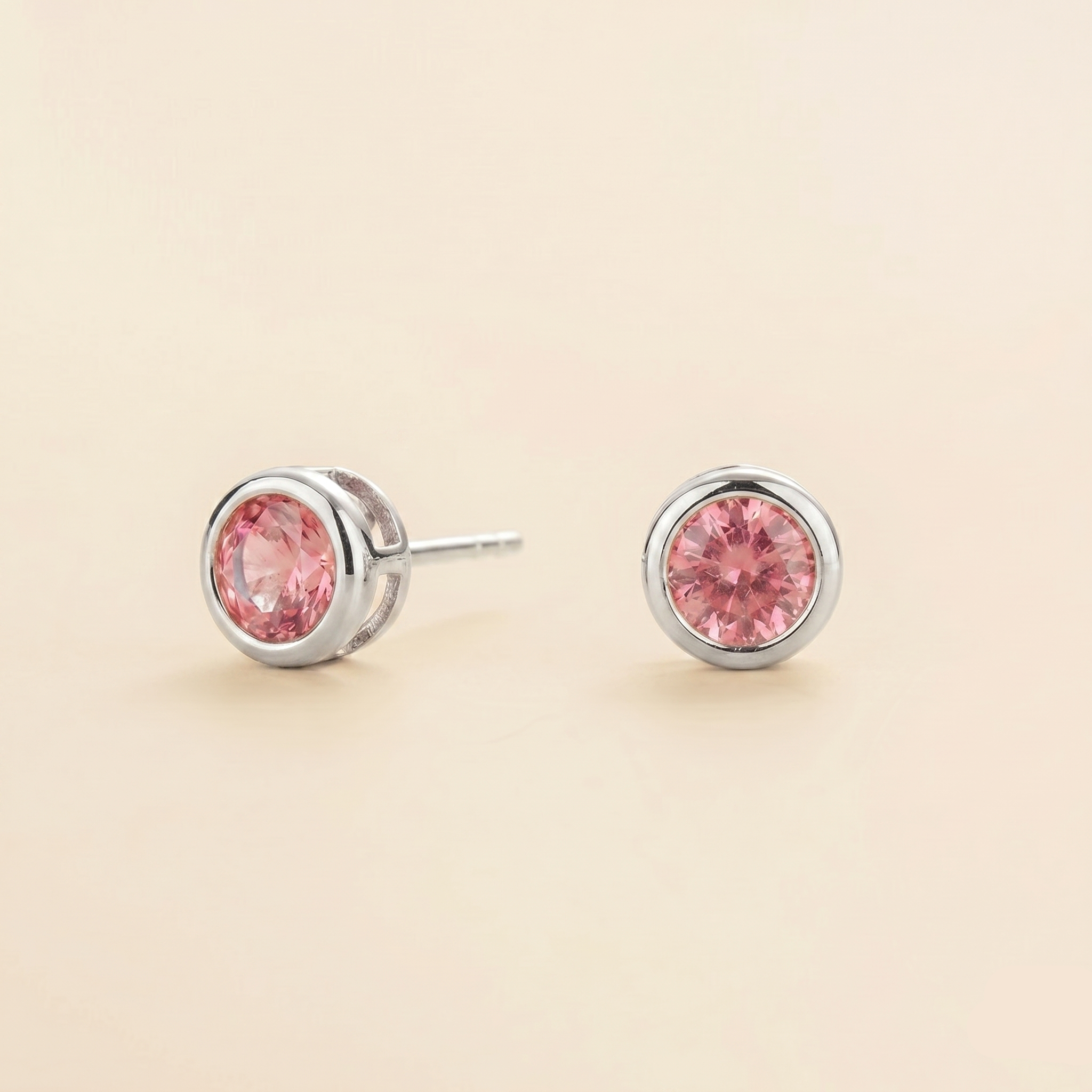 Margo Pink Sapphire Round Bazel Set White Gold Earrings