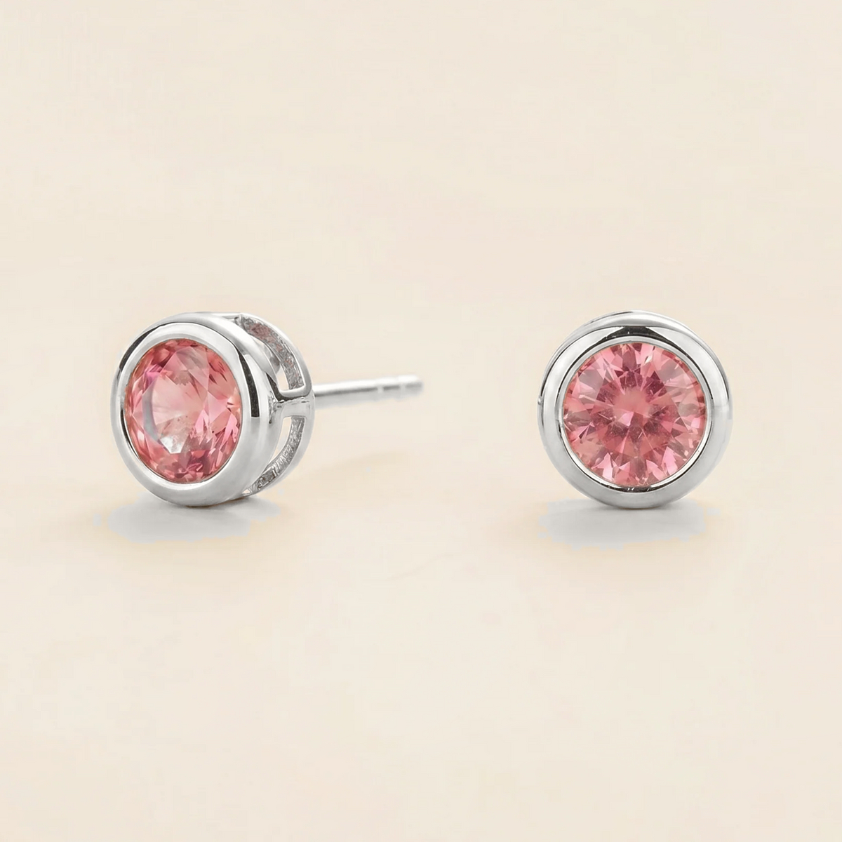 Margo Pink Sapphire Round Bazel Set White Gold Earrings