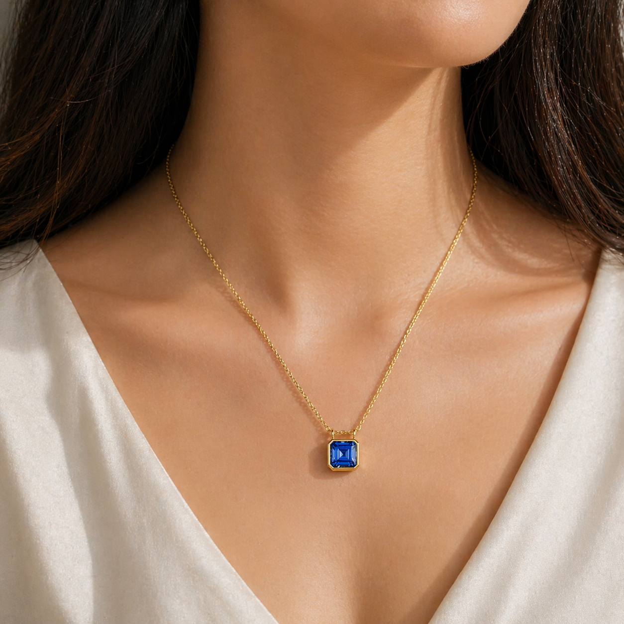 Calin Blue Sapphire Asscher-Cut Pendant Necklace in Gold