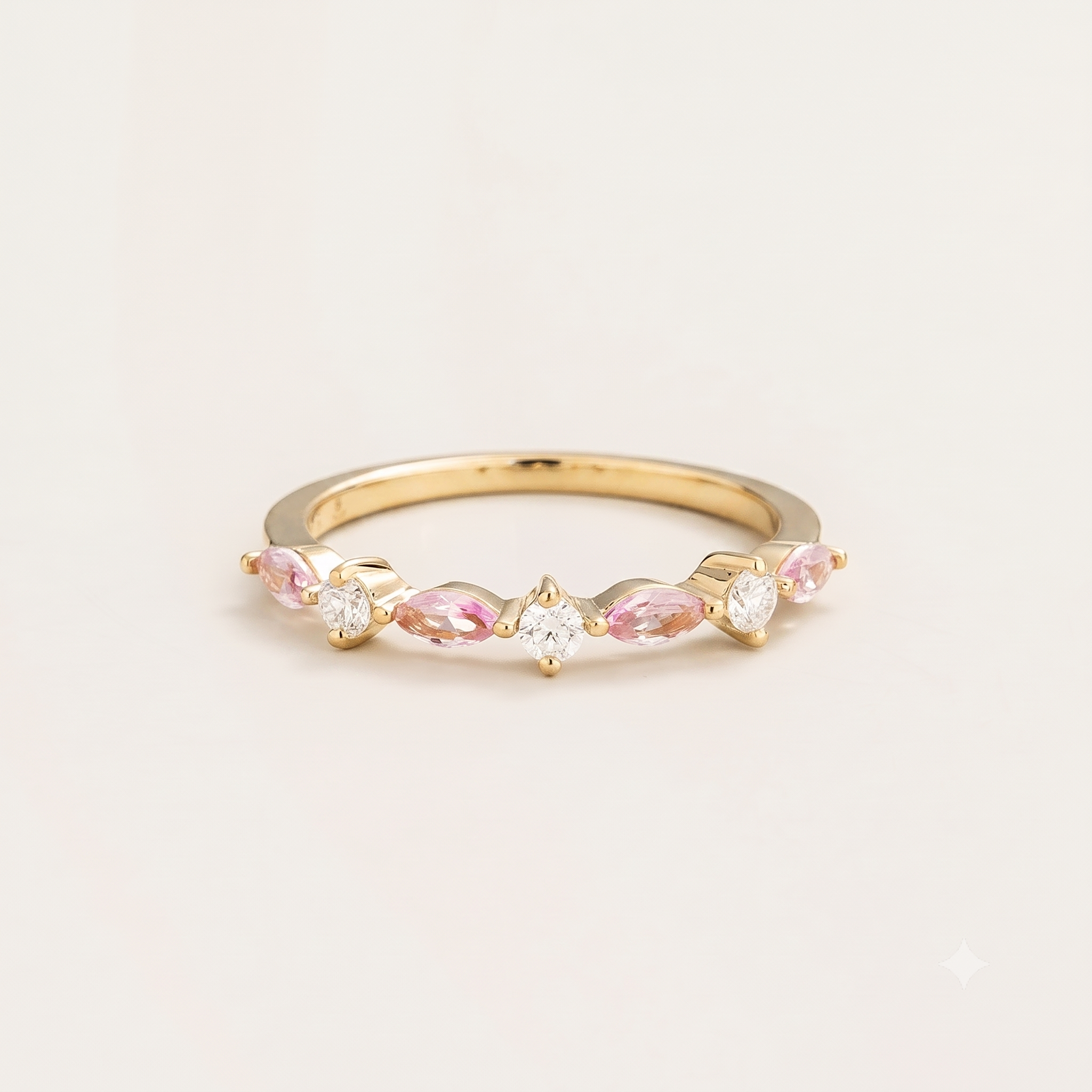 Marquise Pink Sapphire & Diamond Half Eternity Band Gold Ring