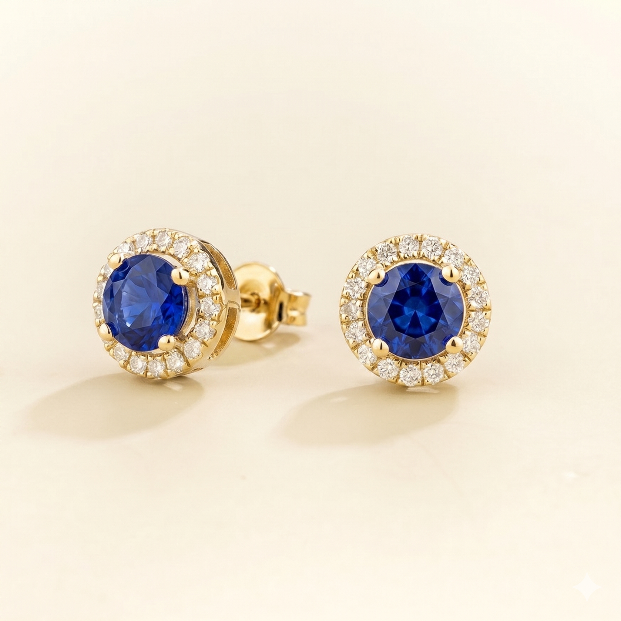 Mars Blue Sapphire Round & Diamond Halo Earrings In Gold