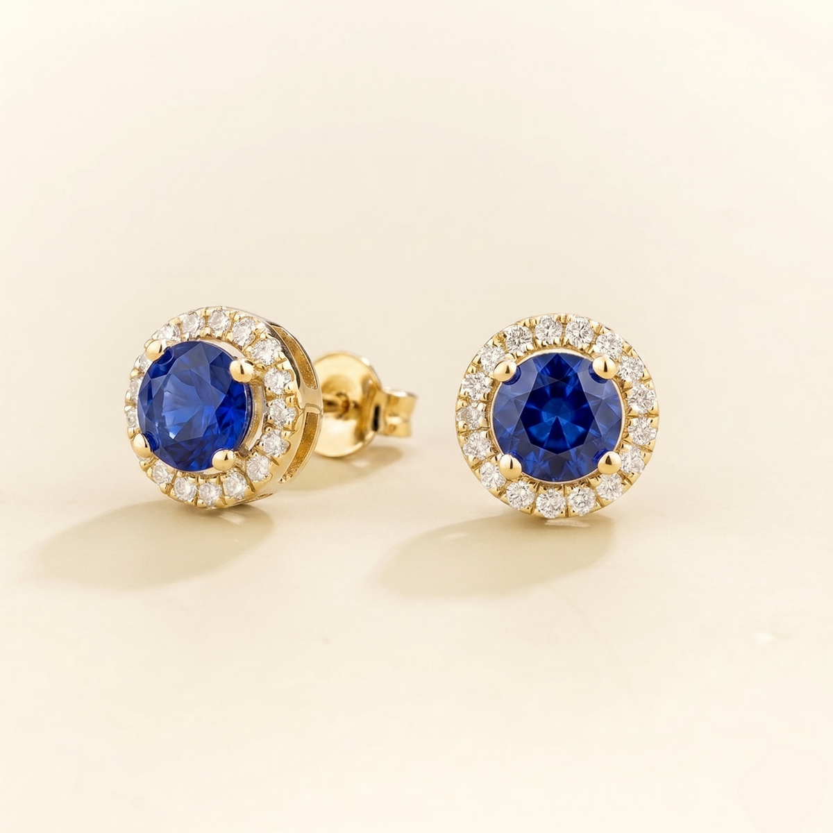 Mars Blue Sapphire Round & Diamond Halo Earrings In Gold