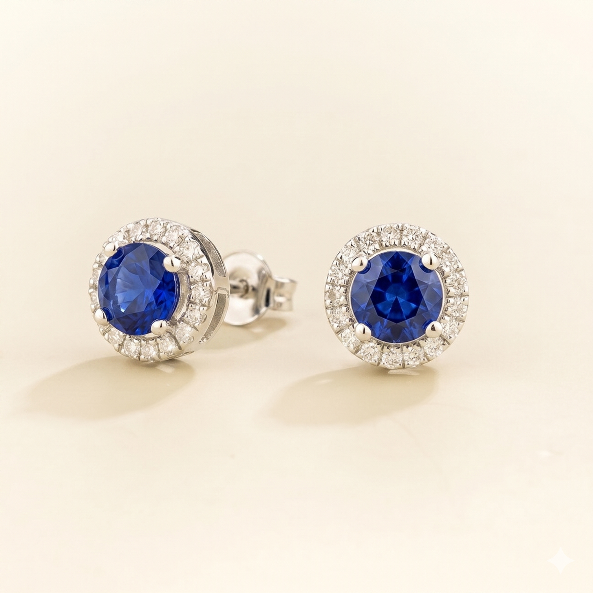 Mars Blue Sapphire Round & Diamond Halo Earrings In White Gold