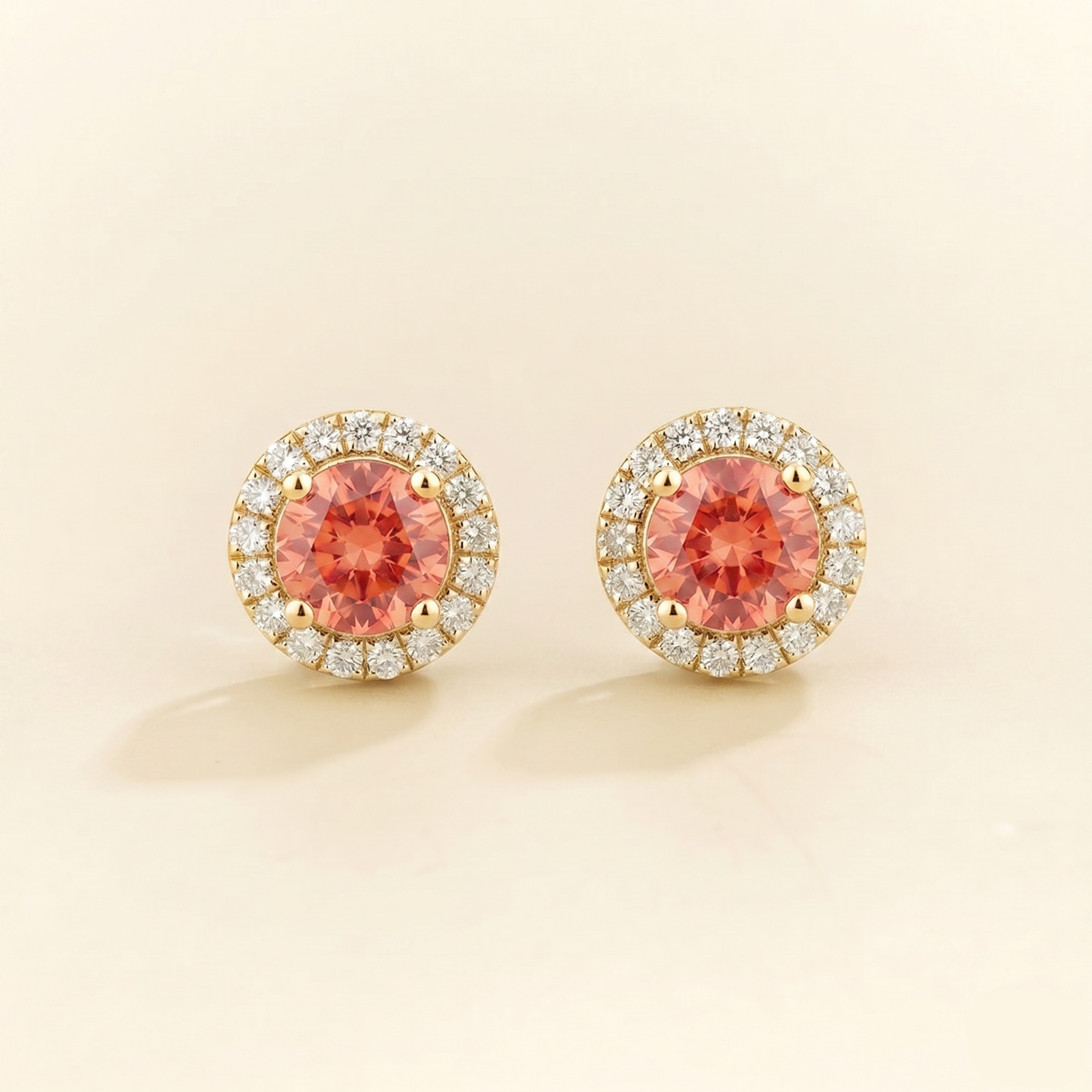 Mars Padparadscha Sapphire Round & Diamond Halo Earrings In Gold