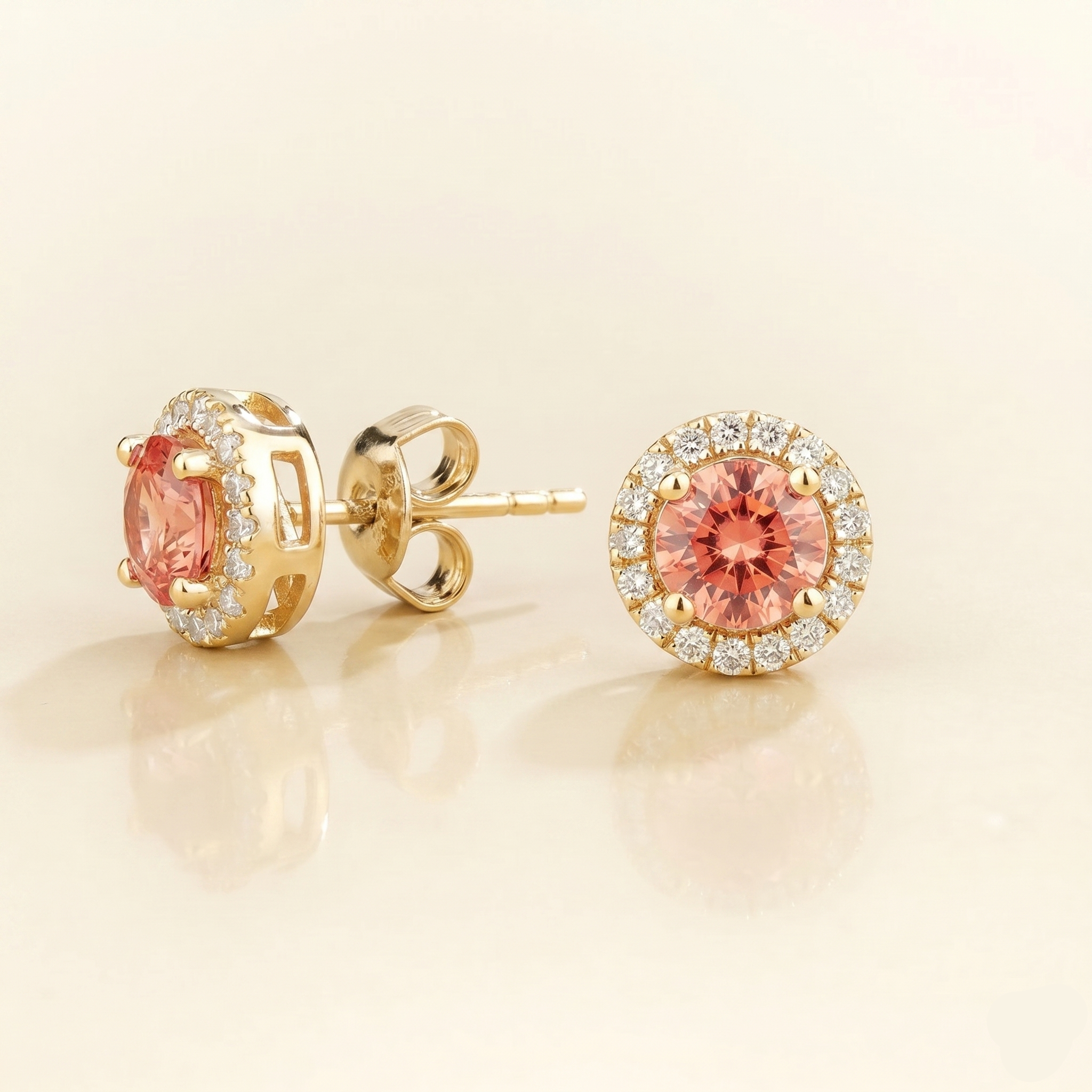 Mars Padparadscha Sapphire Round & Diamond Halo Earrings In Gold