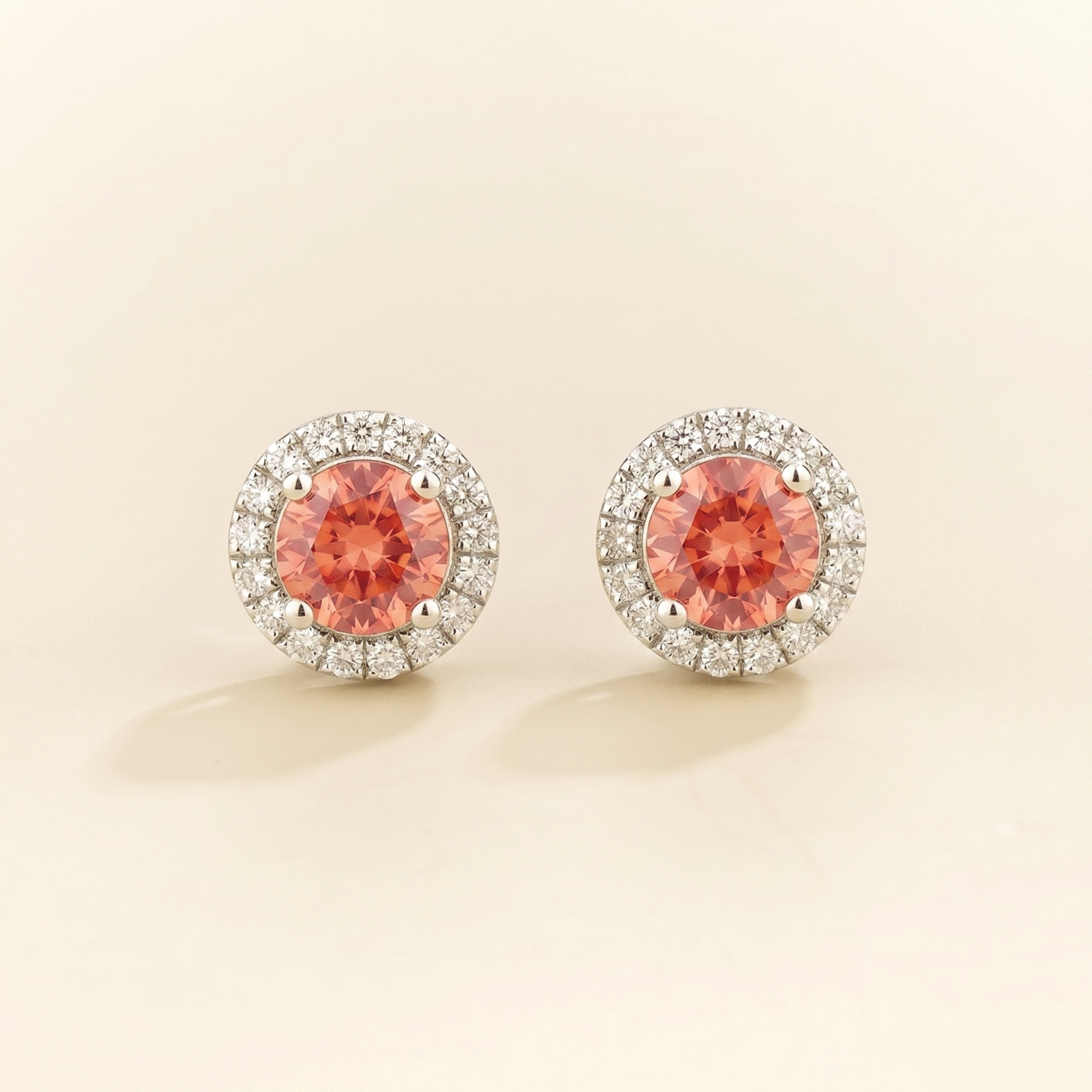 Mars Padparadscha Sapphire Round & Diamond Halo Earrings In White Gold