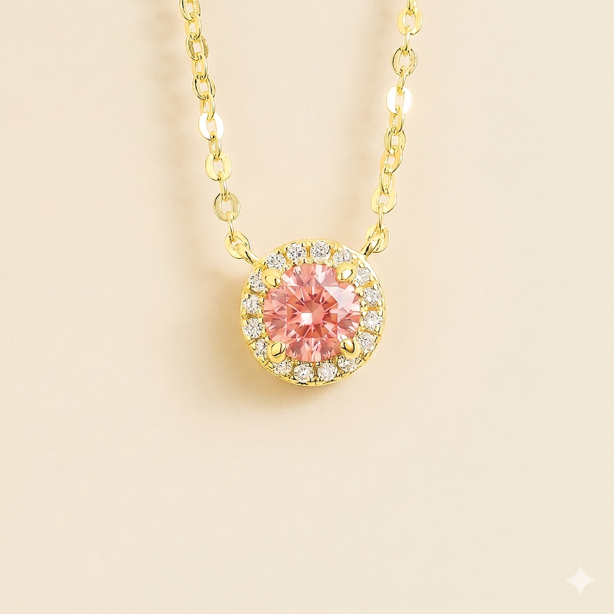 Mars Padparadscha Sapphire Round & Diamond Halo Necklace In Gold
