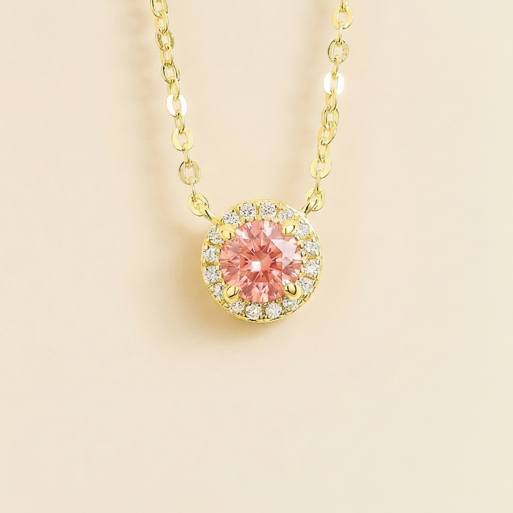 Mars Padparadscha Sapphire Round & Diamond Halo Necklace In Gold