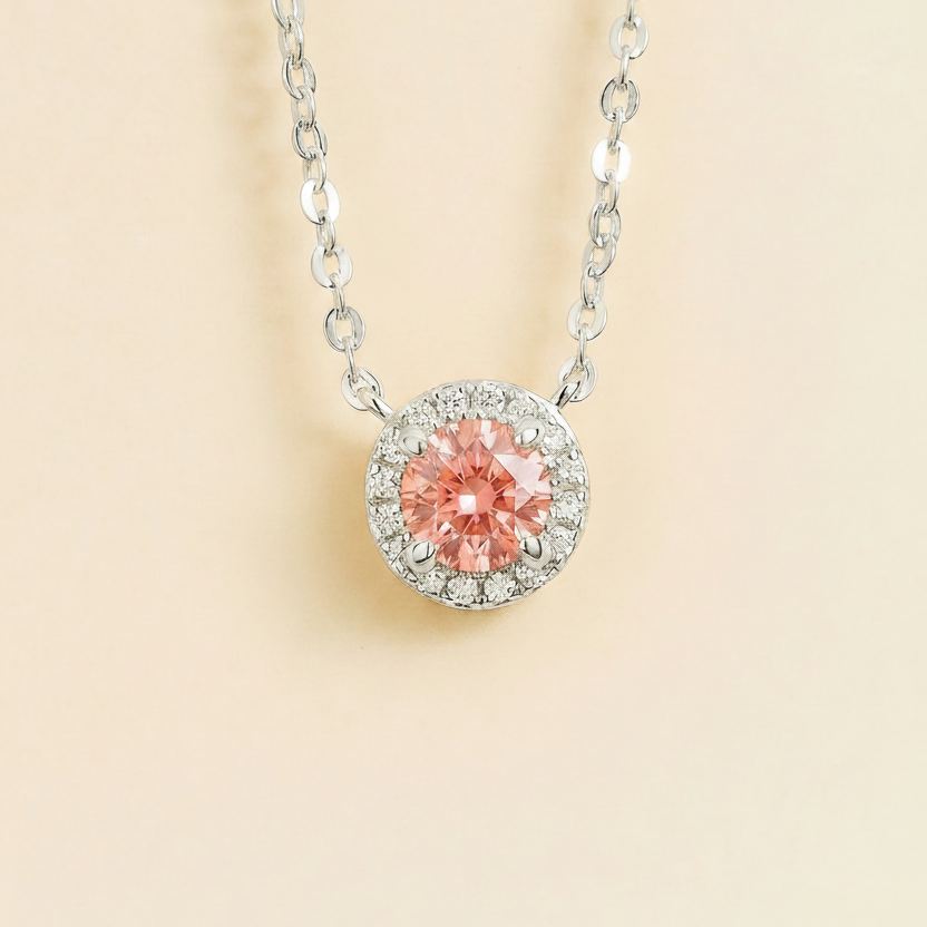 Mars Padparadscha Sapphire Round & Diamond Halo Necklace In White Gold