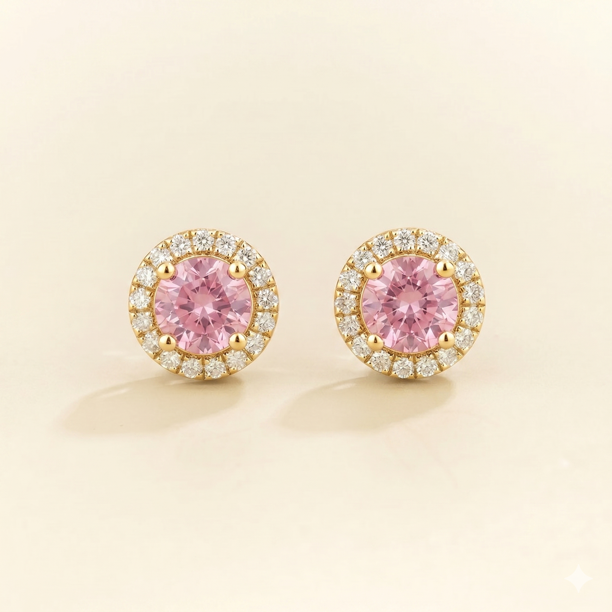 Mars Pastel Pink Sapphire Round & Diamond Halo Earrings In Gold