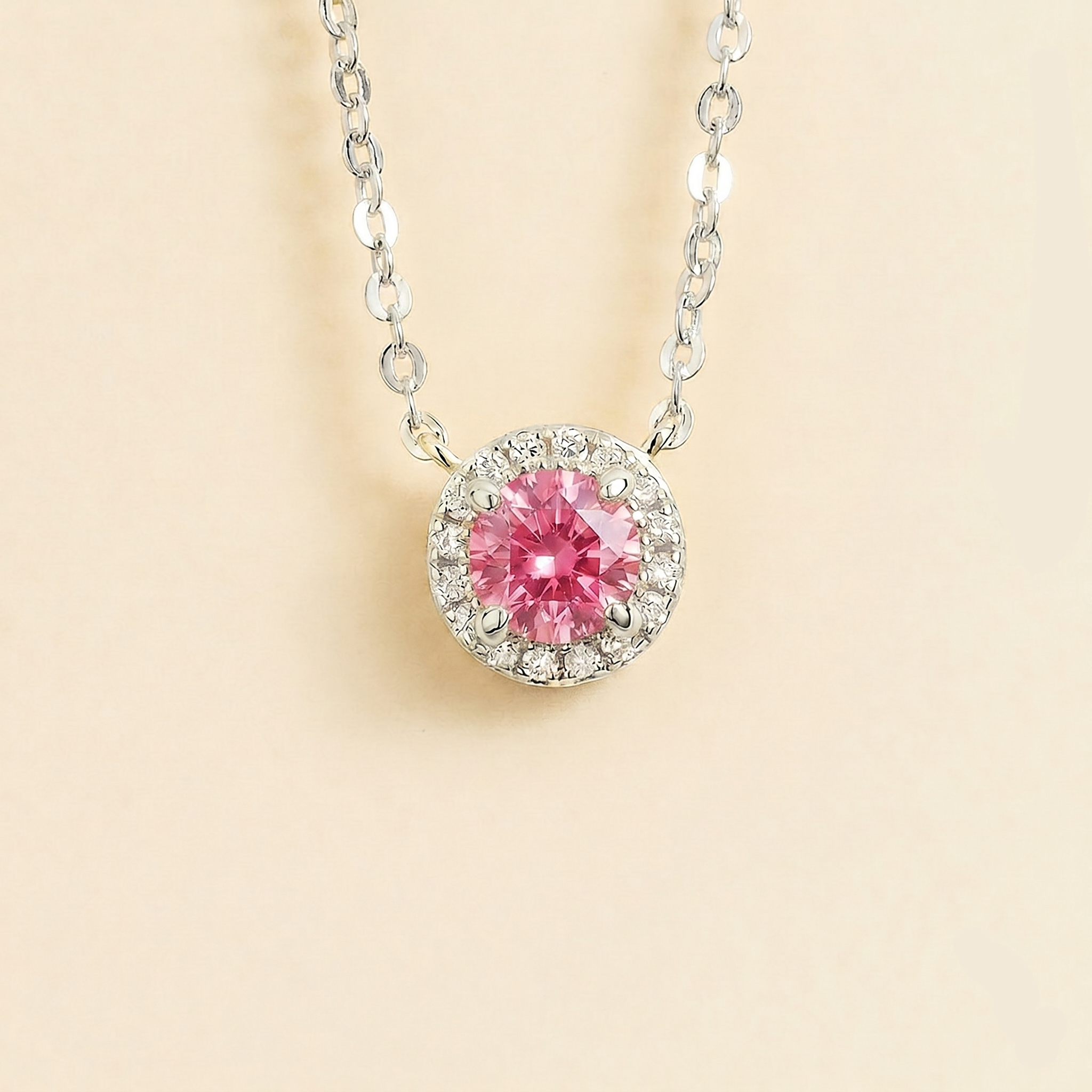 Mars Pastel Pink Sapphire Round & Diamond Halo Necklace In White Gold