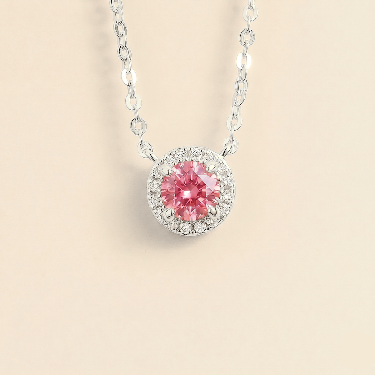 Round lab-grown pastel pink sapphire and diamond halo Mars necklace in white gold | Juvetti London