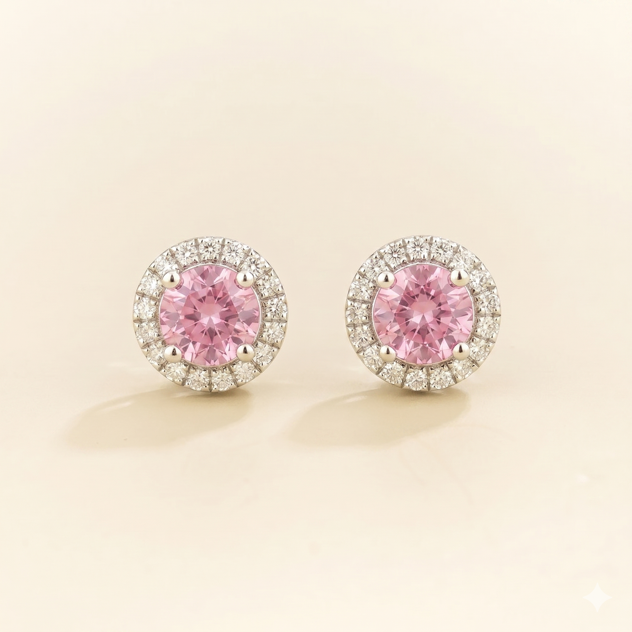 Mars Pink Sapphire Round & Diamond Halo Earrings In White Gold